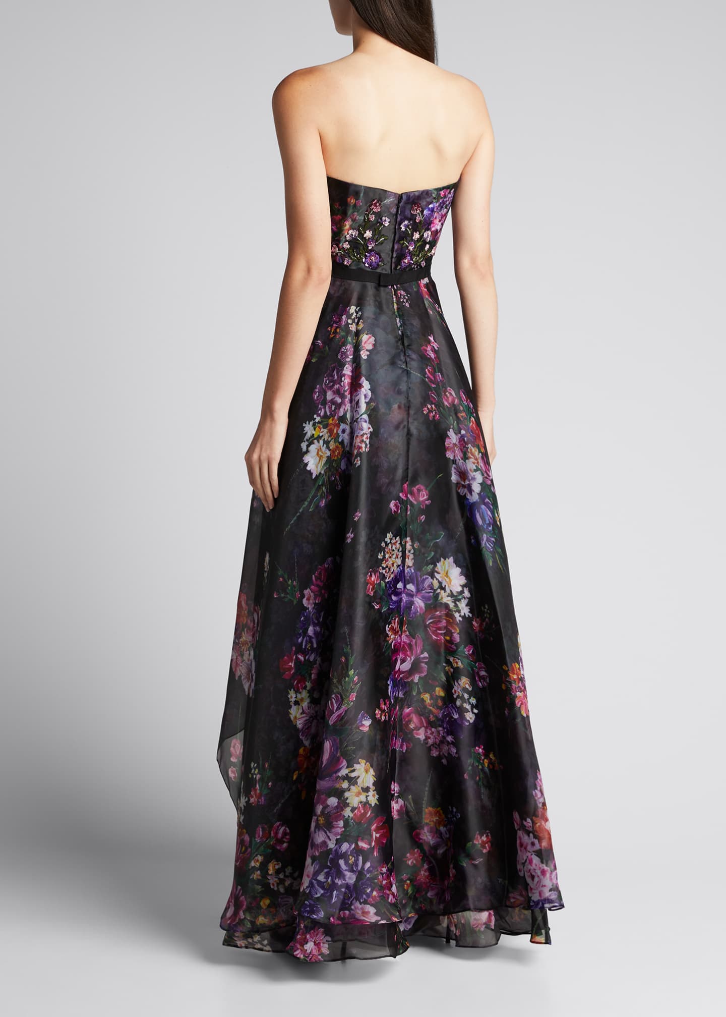 Marchesa Notte Strapless Floral-Print Organza High-Low Gown - Bergdorf ...