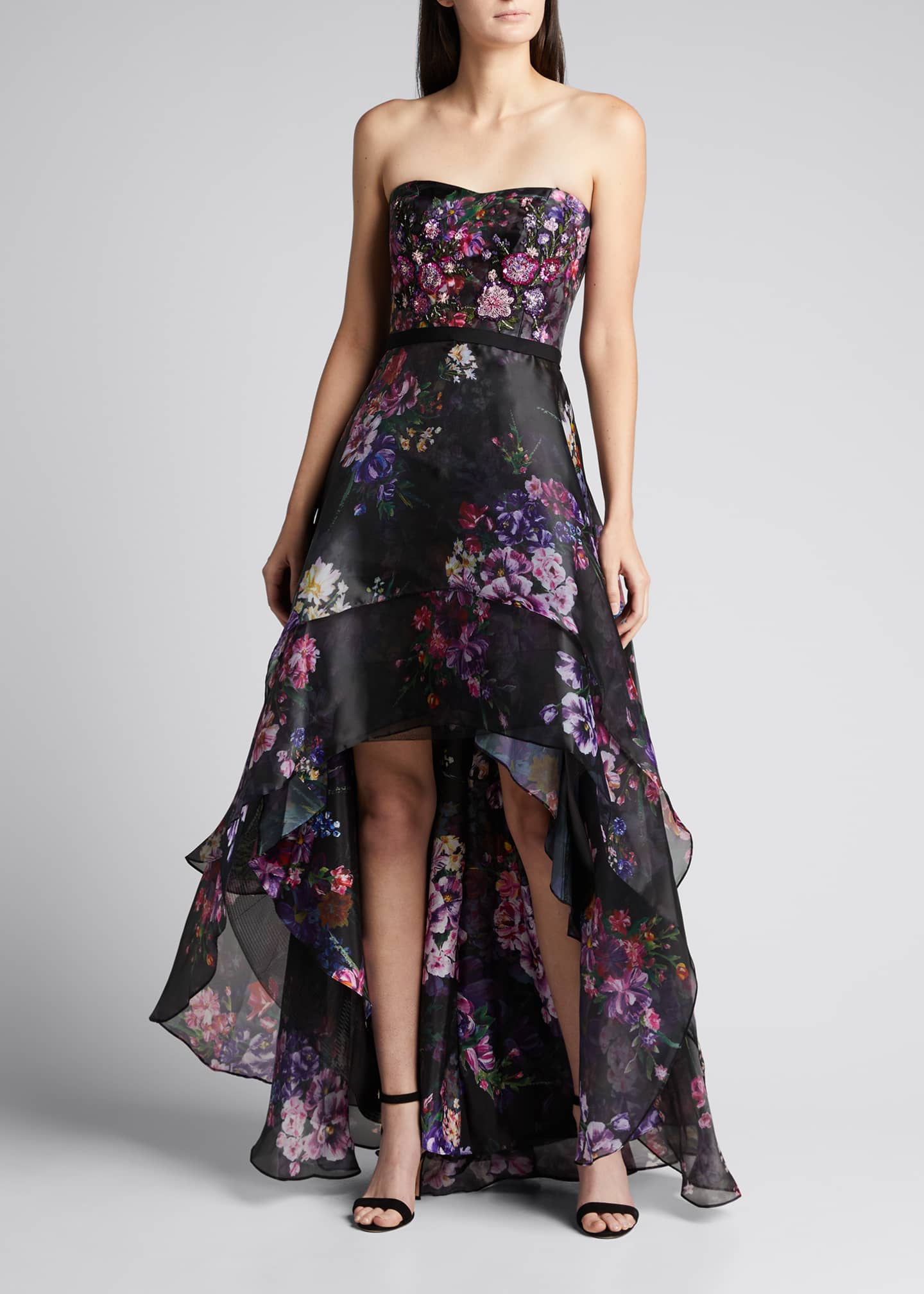 Marchesa Notte Strapless Floral-Print Organza High-Low Gown - Bergdorf