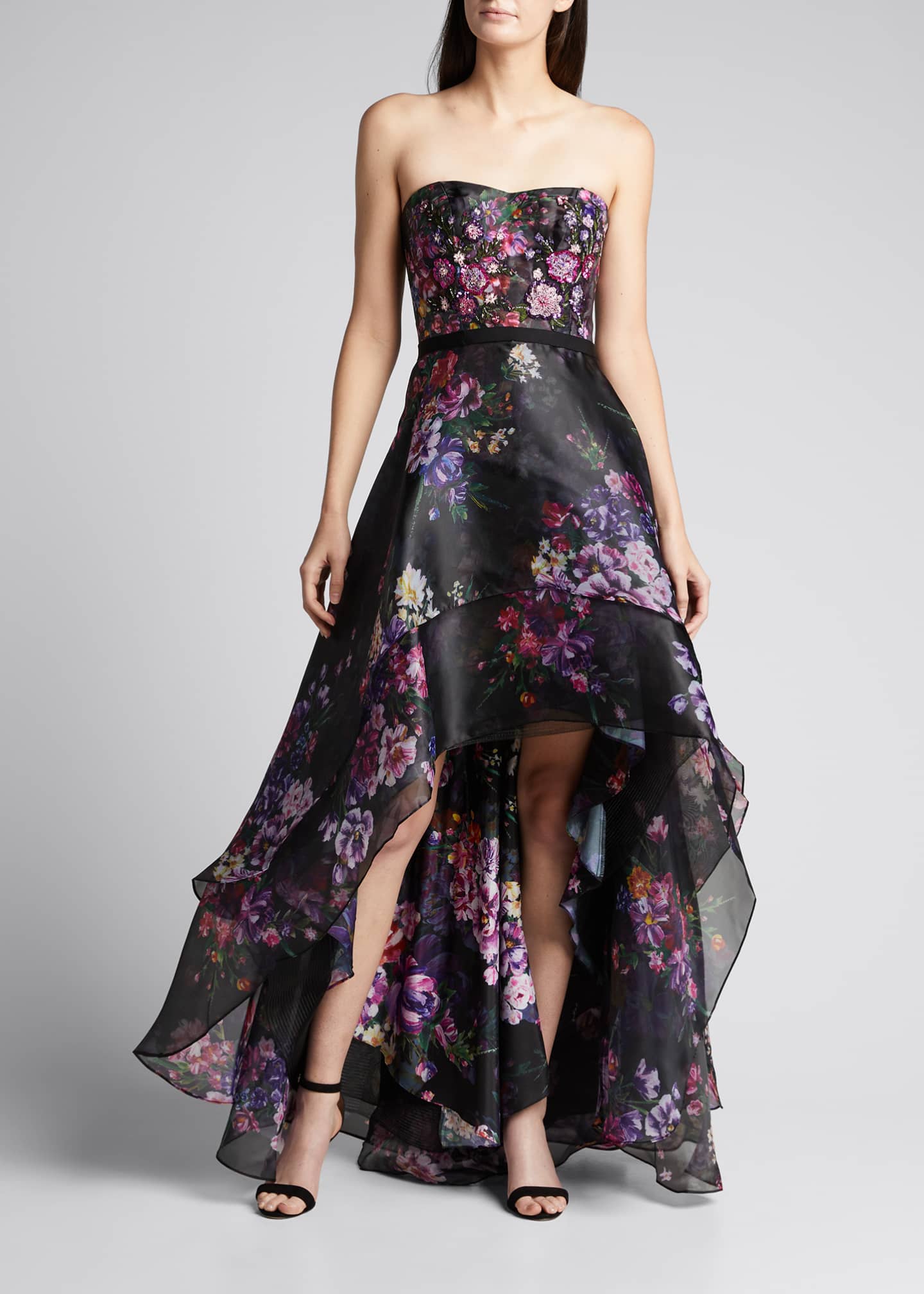 Marchesa Notte Strapless Floral-Print Organza High-Low Gown - Bergdorf ...