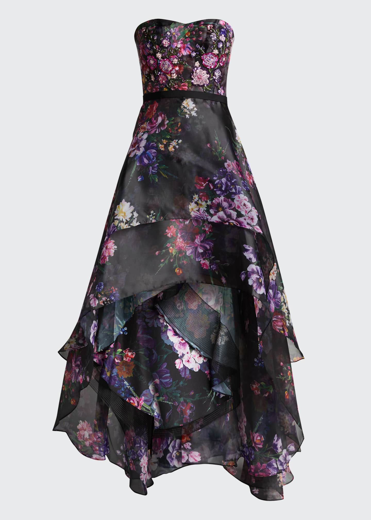 Marchesa Notte Strapless Floral-Print Organza High-Low Gown - Bergdorf
