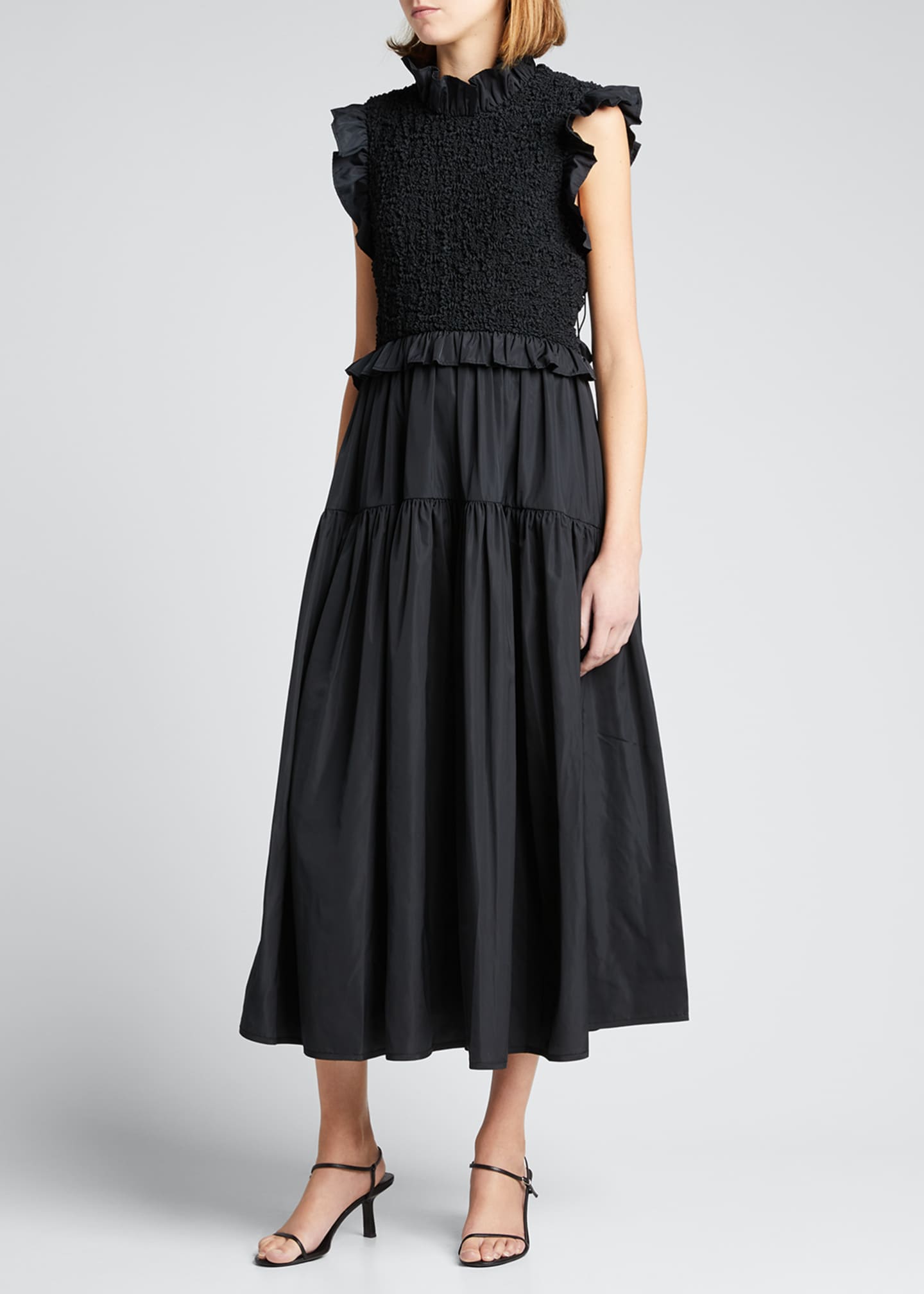 Cecilie Bahnsen Ruffle Smocked Open-Back Midi Gown - Bergdorf Goodman