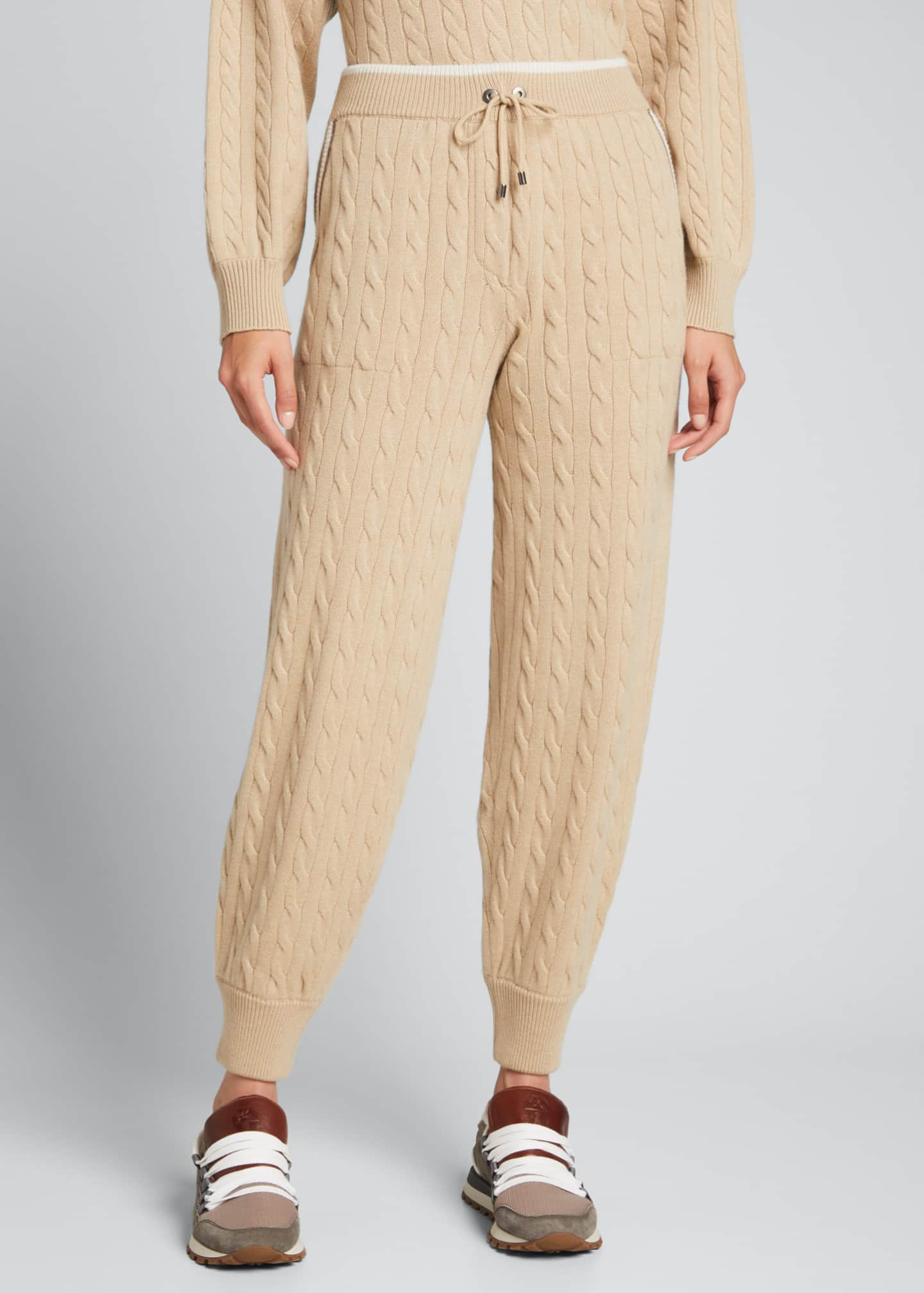 Brunello Cucinelli Cable-Knit Cashmere Joggers w/ Monili Trim - Bergdorf Goodman