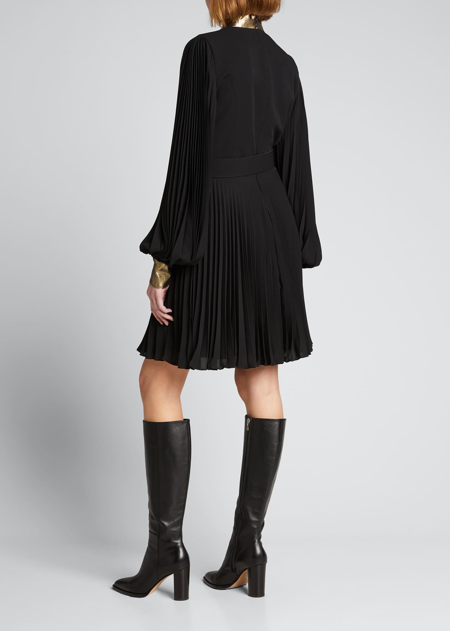 Andrew Gn Long-Sleeve Belted Plisse Dress with Metallic Collar ...