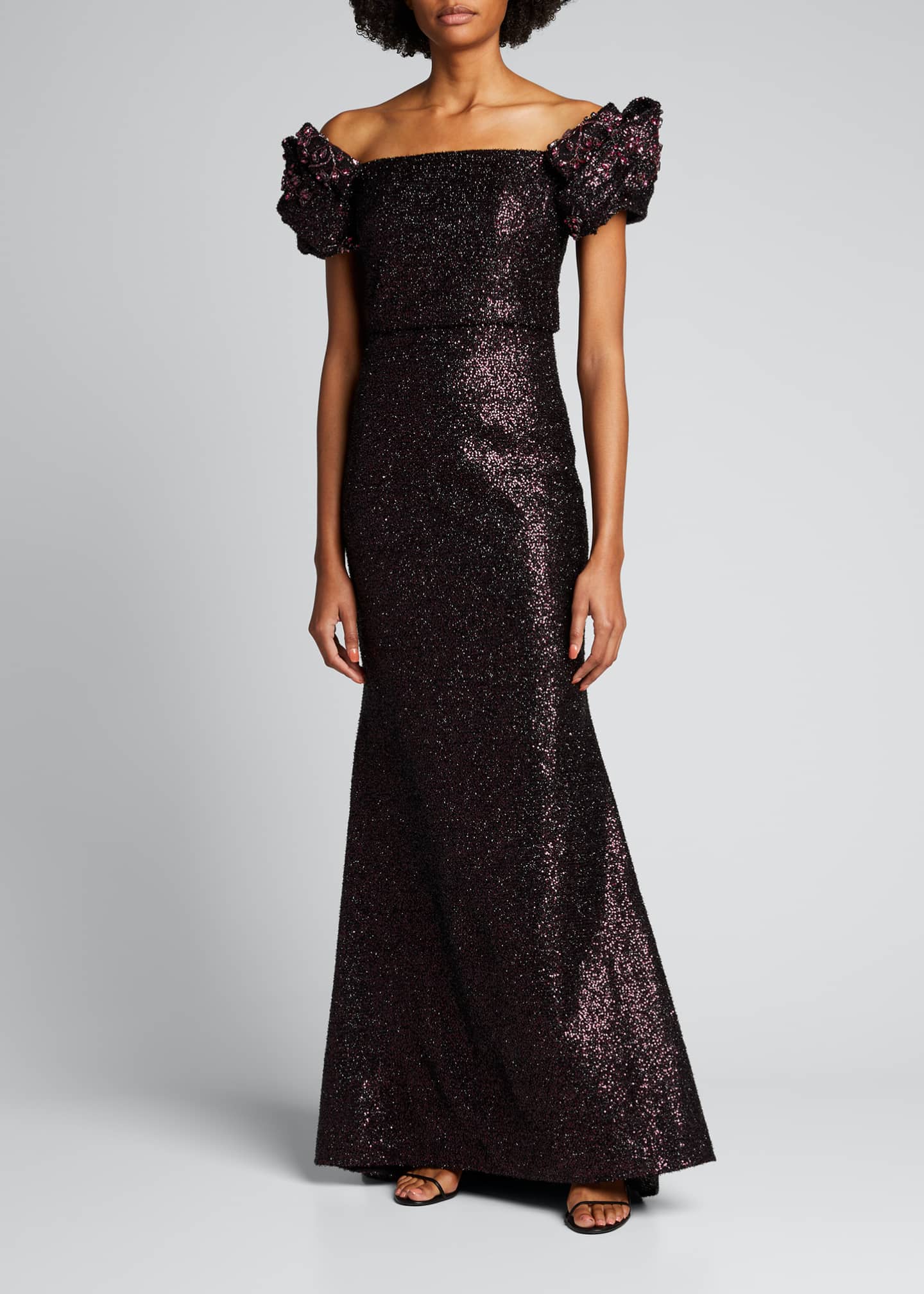 badgley mischka off the shoulder sequin gown