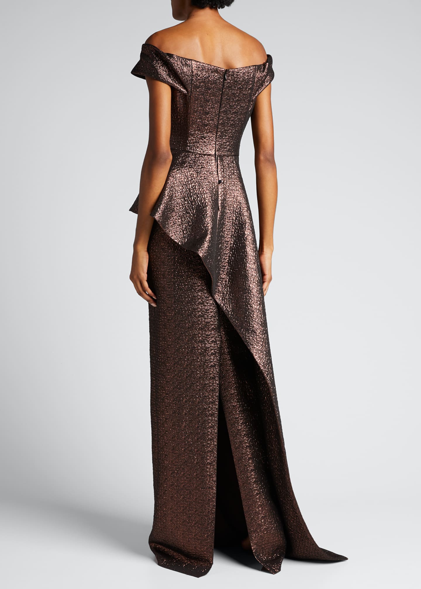 Rickie Freeman for Teri Jon Metallic Jacquard Off-the-Shoulder Asymmetric Peplum Gown - Bergdorf 