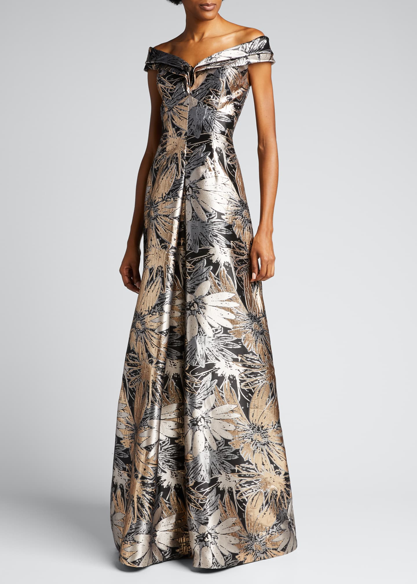 Rickie Freeman for Teri Jon Off-Shoulder Metallic Floral Jacquard Gown