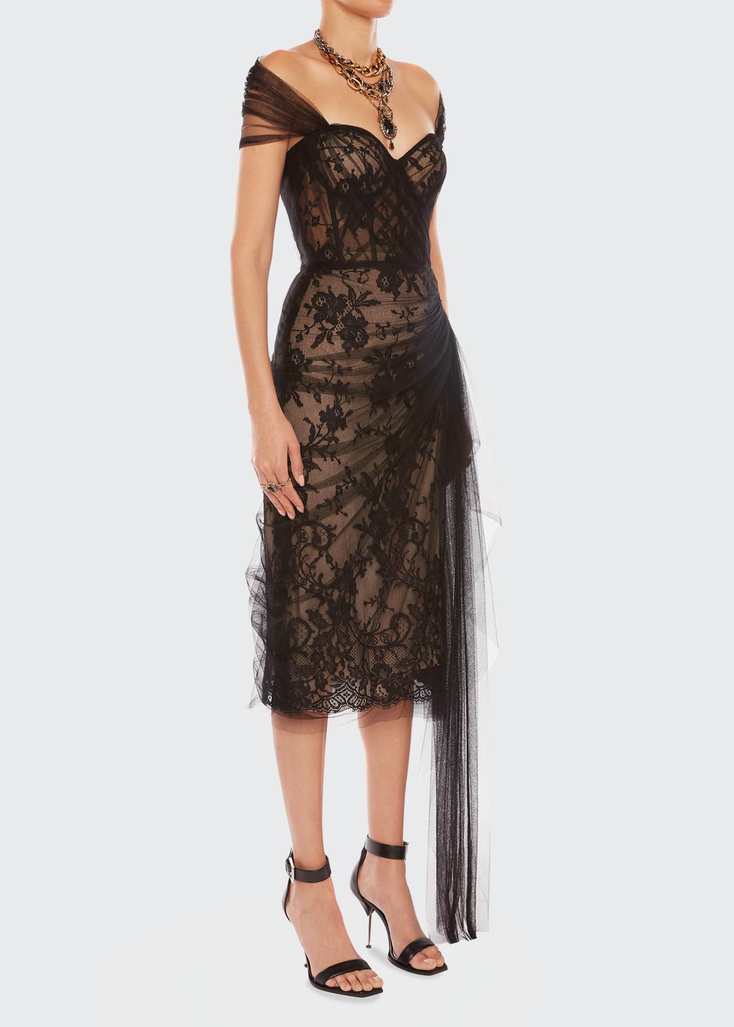 Alexander McQueen Lace Corset Cocktail Dress with Draped Scarf