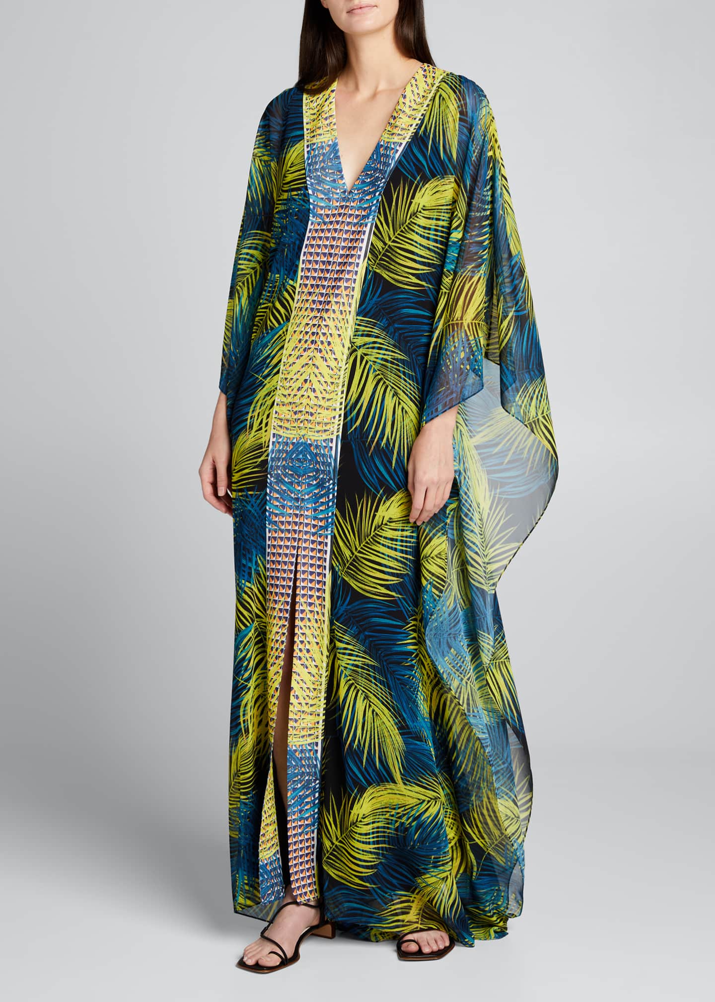 Badgley Mischka Collection Feather Print V-Neck Caftan with Contrast ...