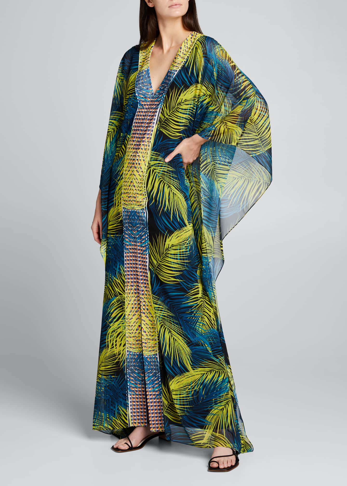 Badgley Mischka Collection Feather Print V-Neck Caftan with Contrast ...