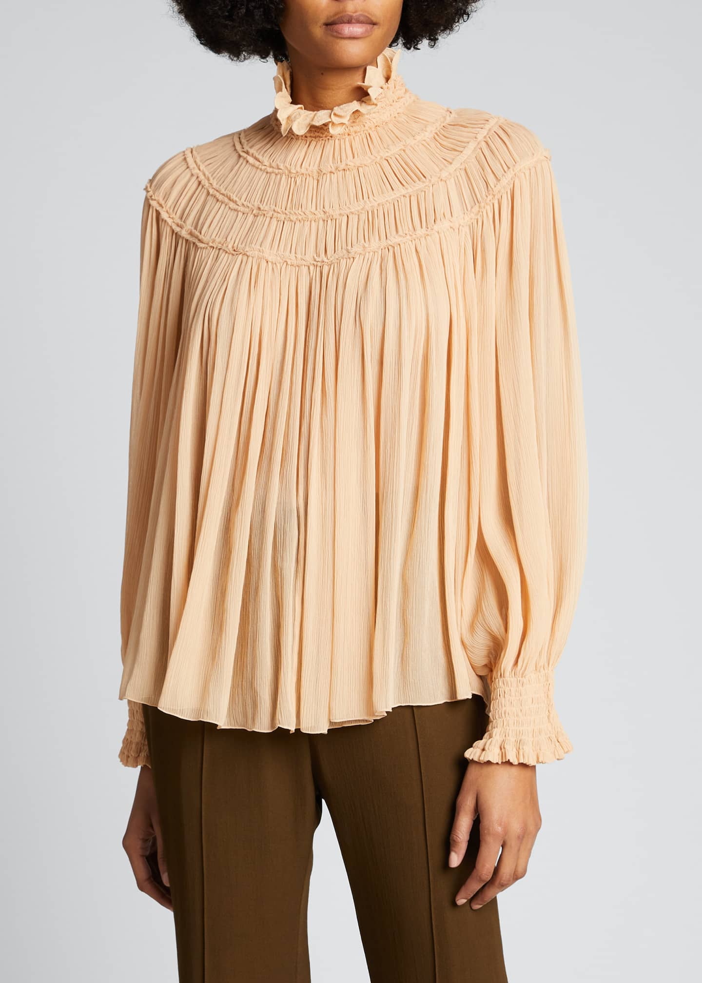 Chloe HighNeck Smocked Silk Blouse Bergdorf Goodman