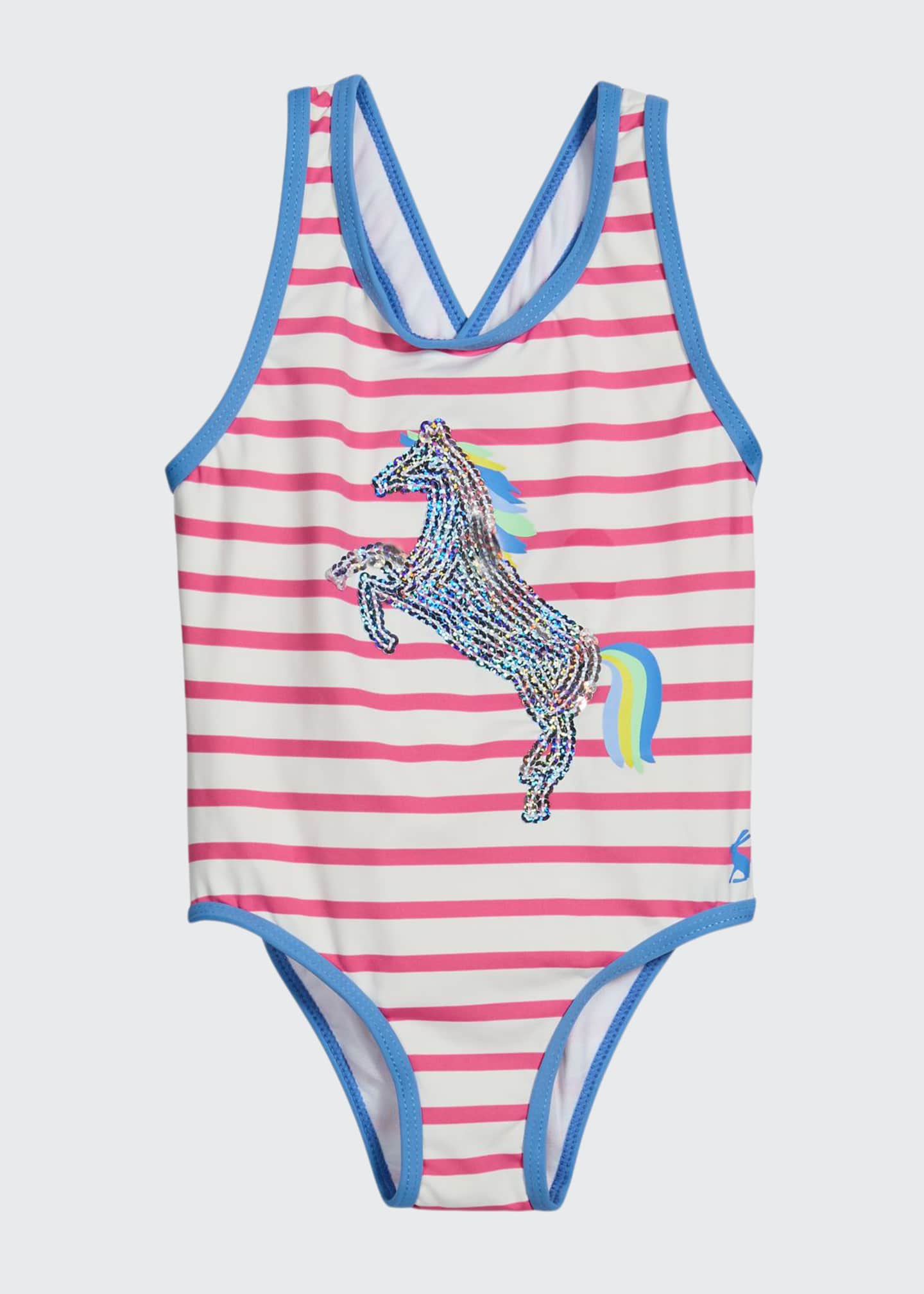 Joules Girl's Briony Striped Sequin Horse OnePiece Swimsuit, Size 26