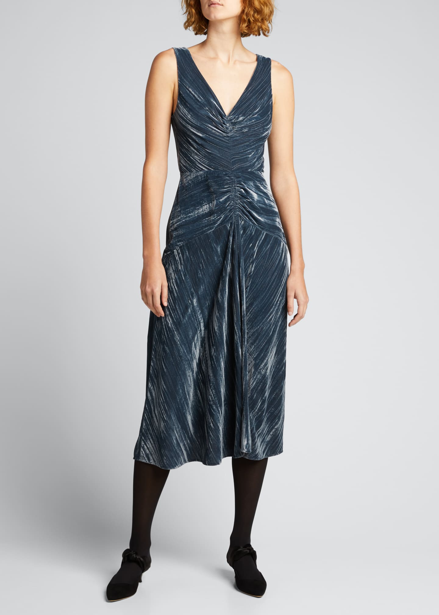 Vince Ruched Velvet Paneled V-Neck Dress - Bergdorf Goodman