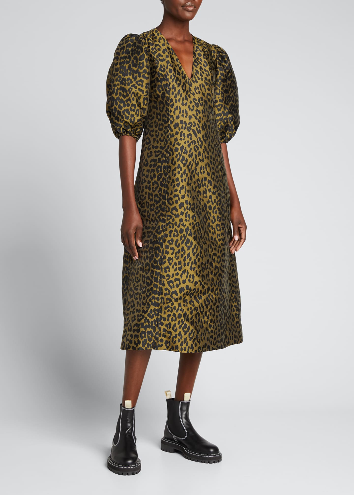 Ganni Leopard Print Crispy Jacquard Puff-Sleeve Midi Dress - Bergdorf ...