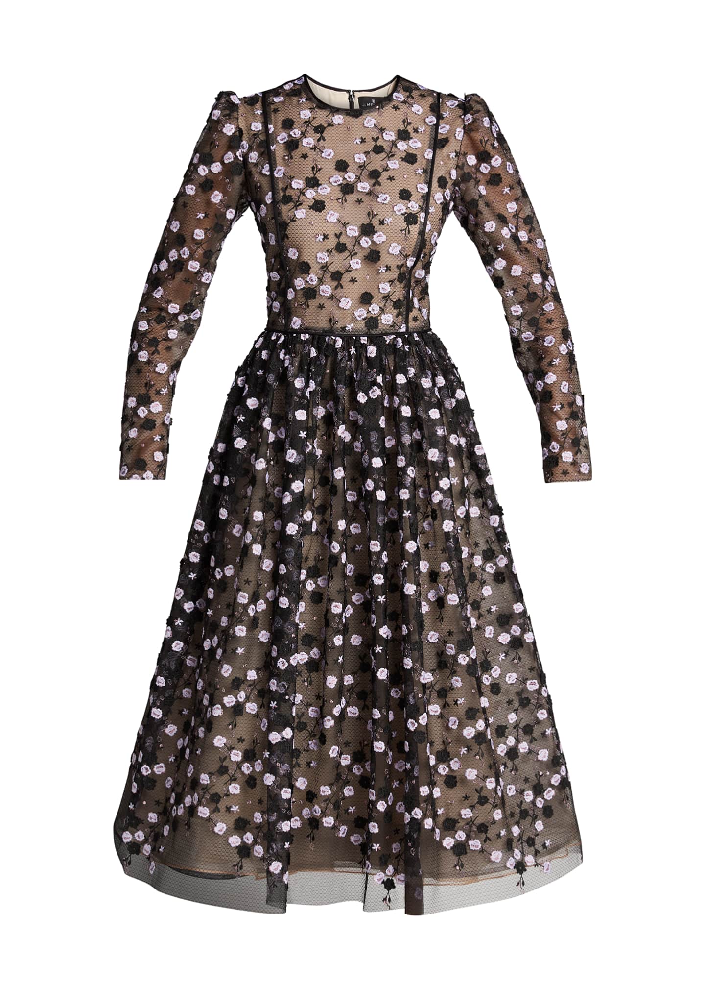 J. Mendel Floral-Embroidered Tulle Long-Sleeve Midi Dress - Bergdorf ...
