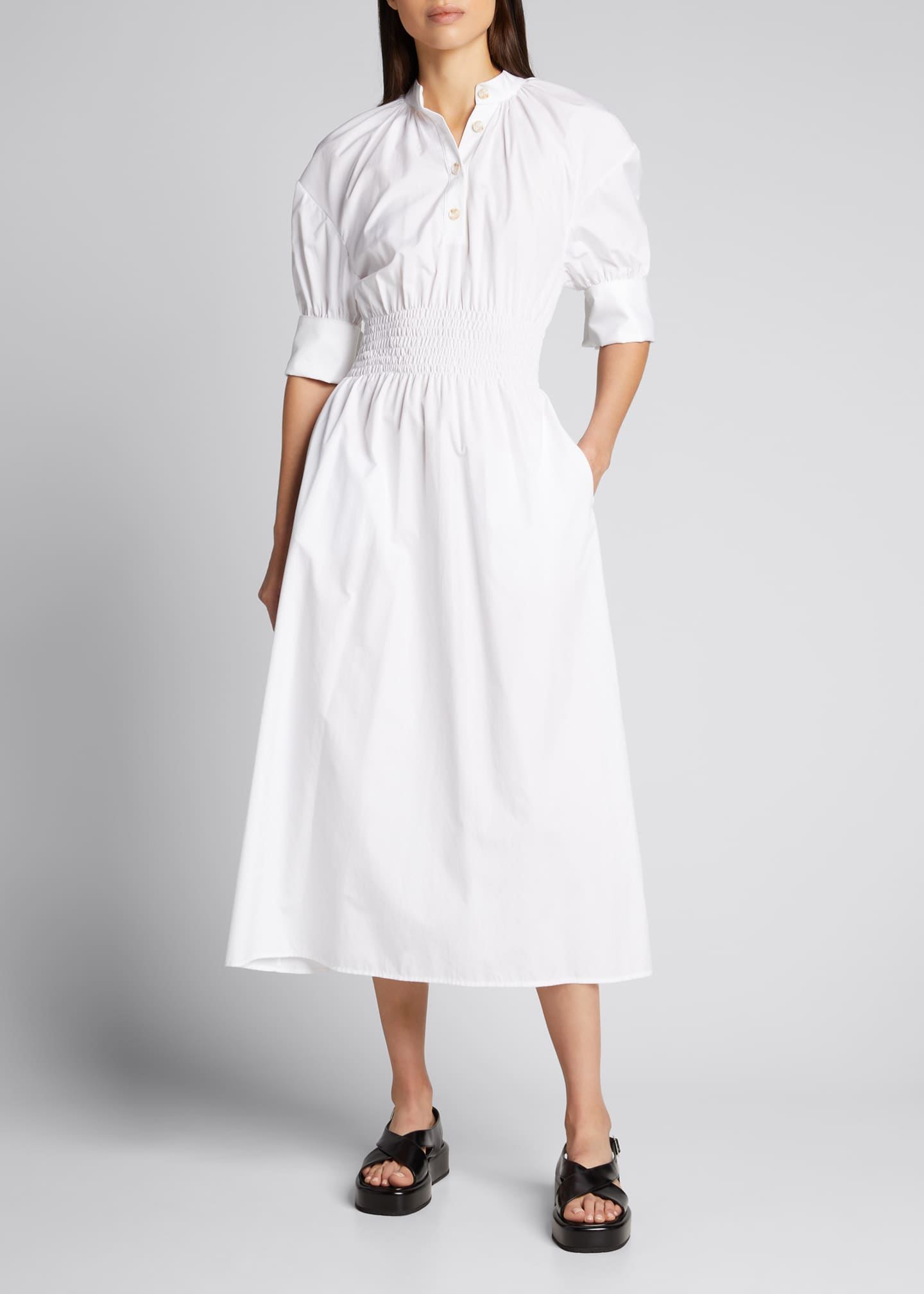 Anna Quan Aurora Smocked Short-Sleeve Midi Dress - Bergdorf Goodman