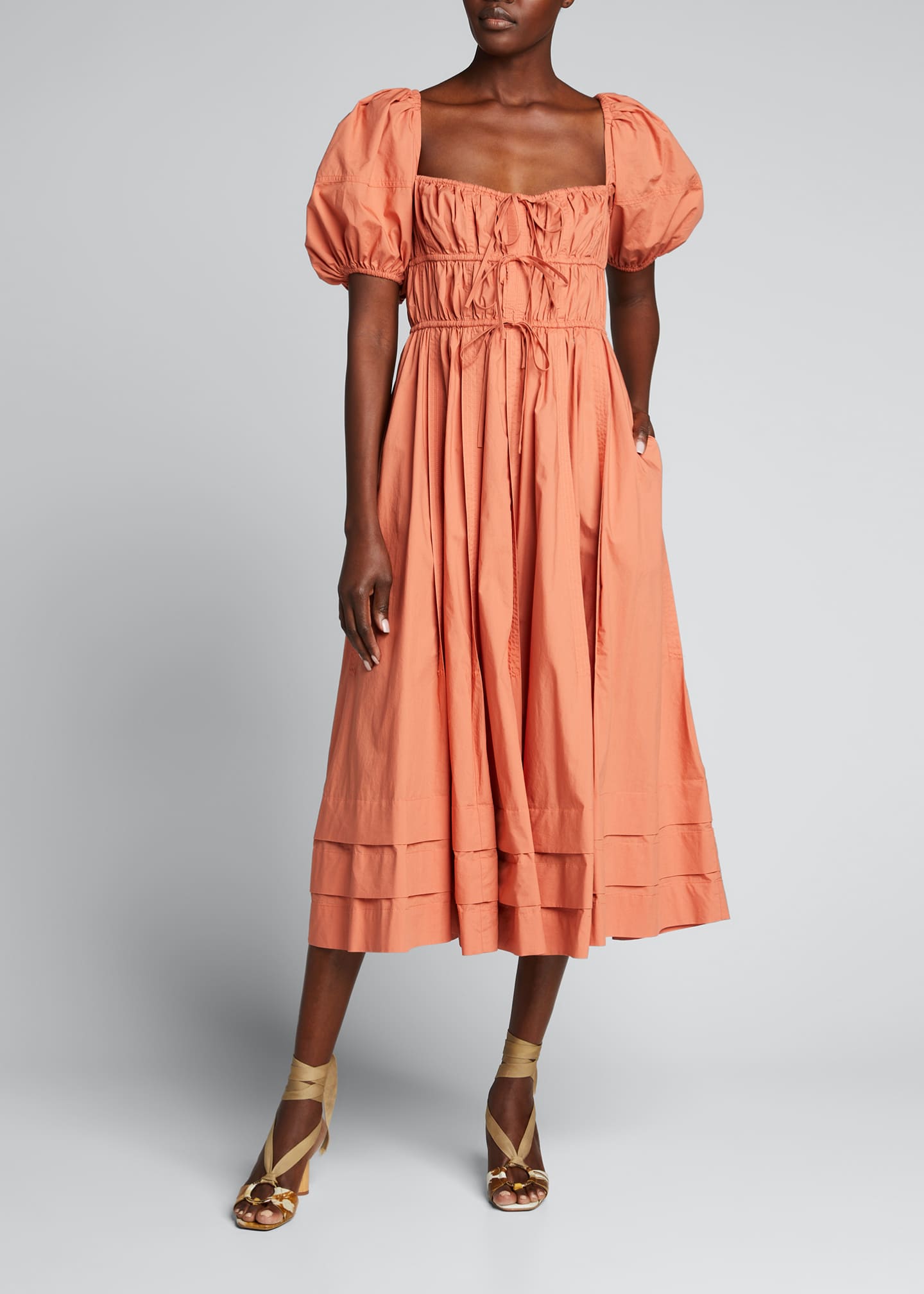 Astr poplin puff sleeve tiered midi dress clearance