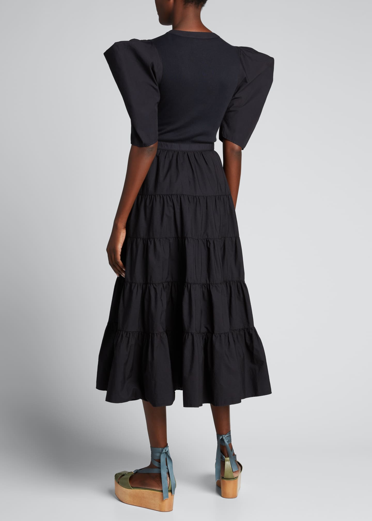 Dot jacquard puff sleeve tiered midi dress clearance