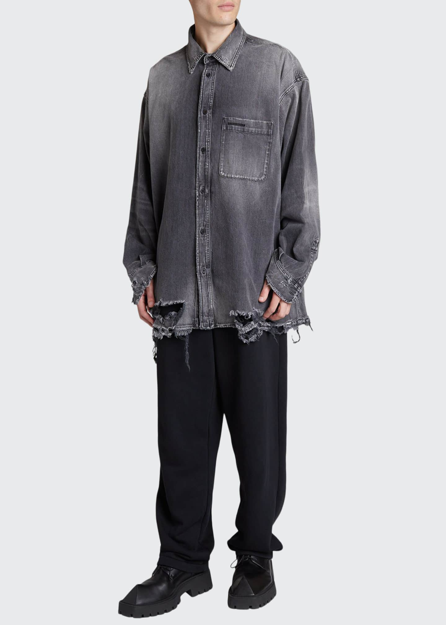 Balenciaga Men's Destroyed Denim Sport Shirt - Bergdorf Goodman