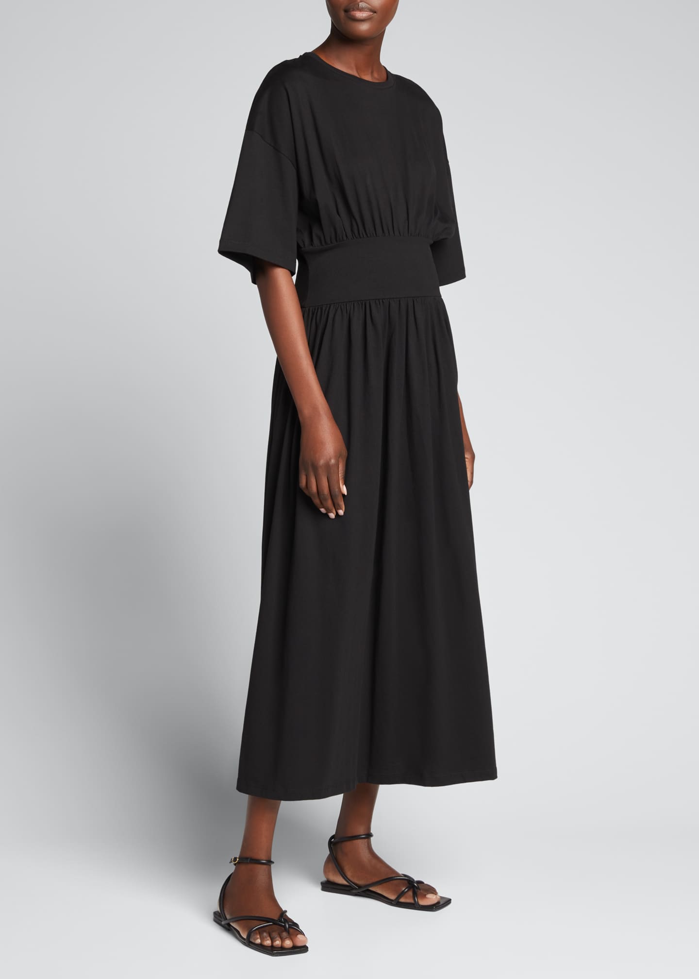 Toteme Gathered Elbow-Sleeve Cotton Midi Dress - Bergdorf Goodman