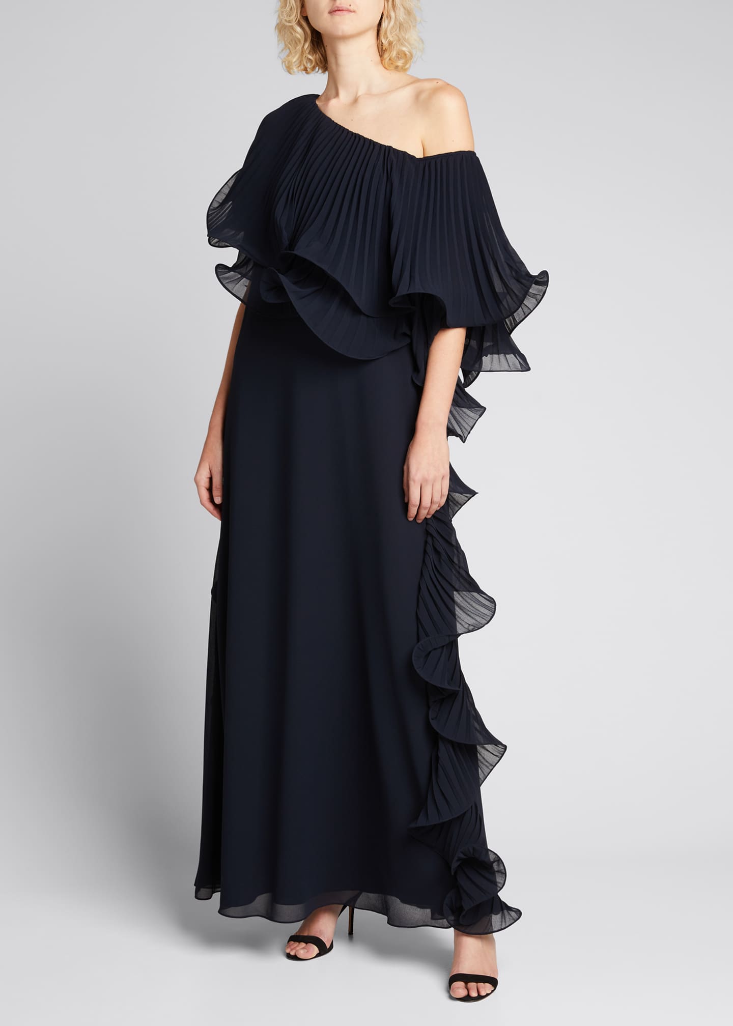 badgley mischka asymmetrical ruffle gown