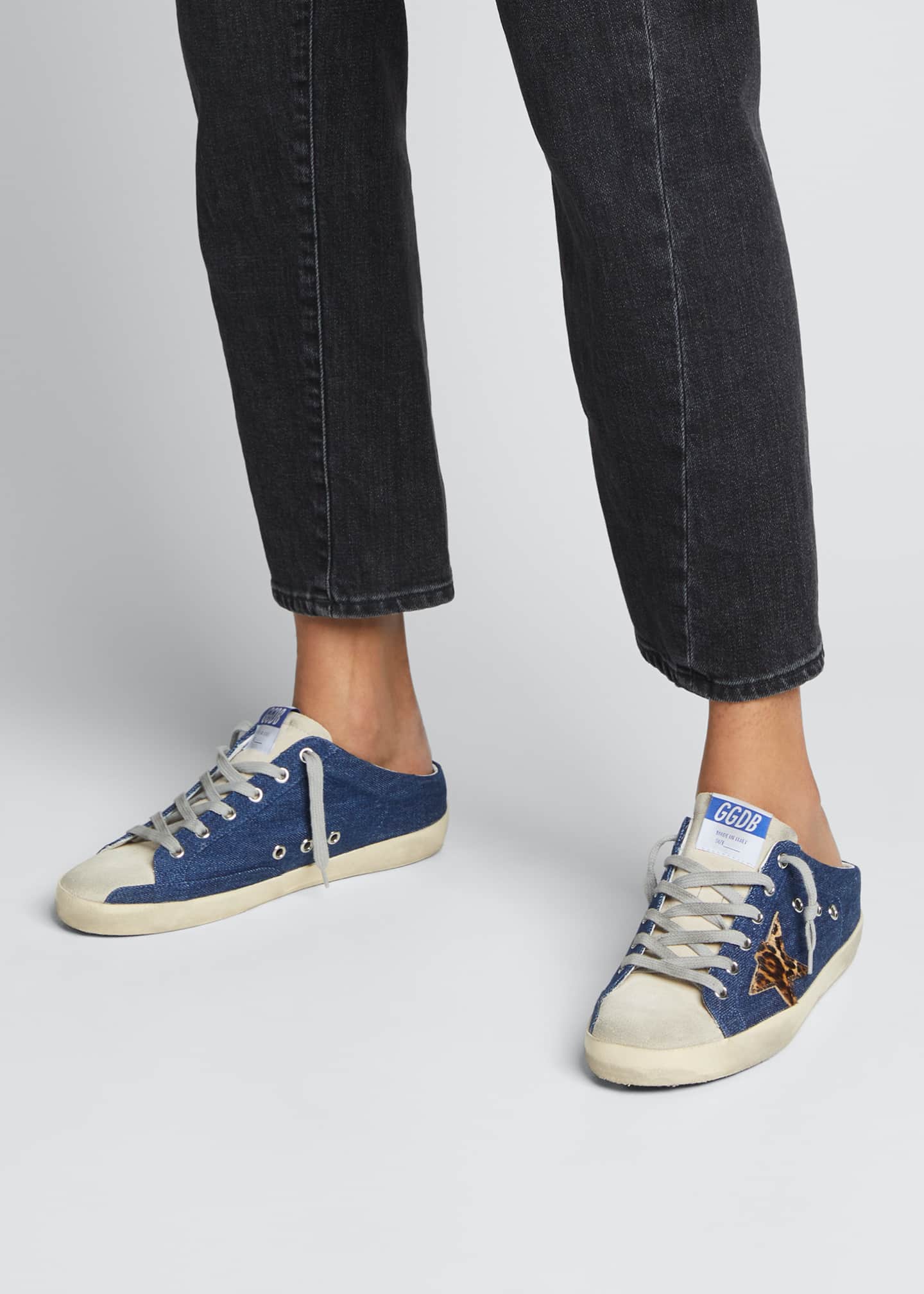 Golden Goose Denim Slide Sneakers with LeopardPrint Trim Bergdorf