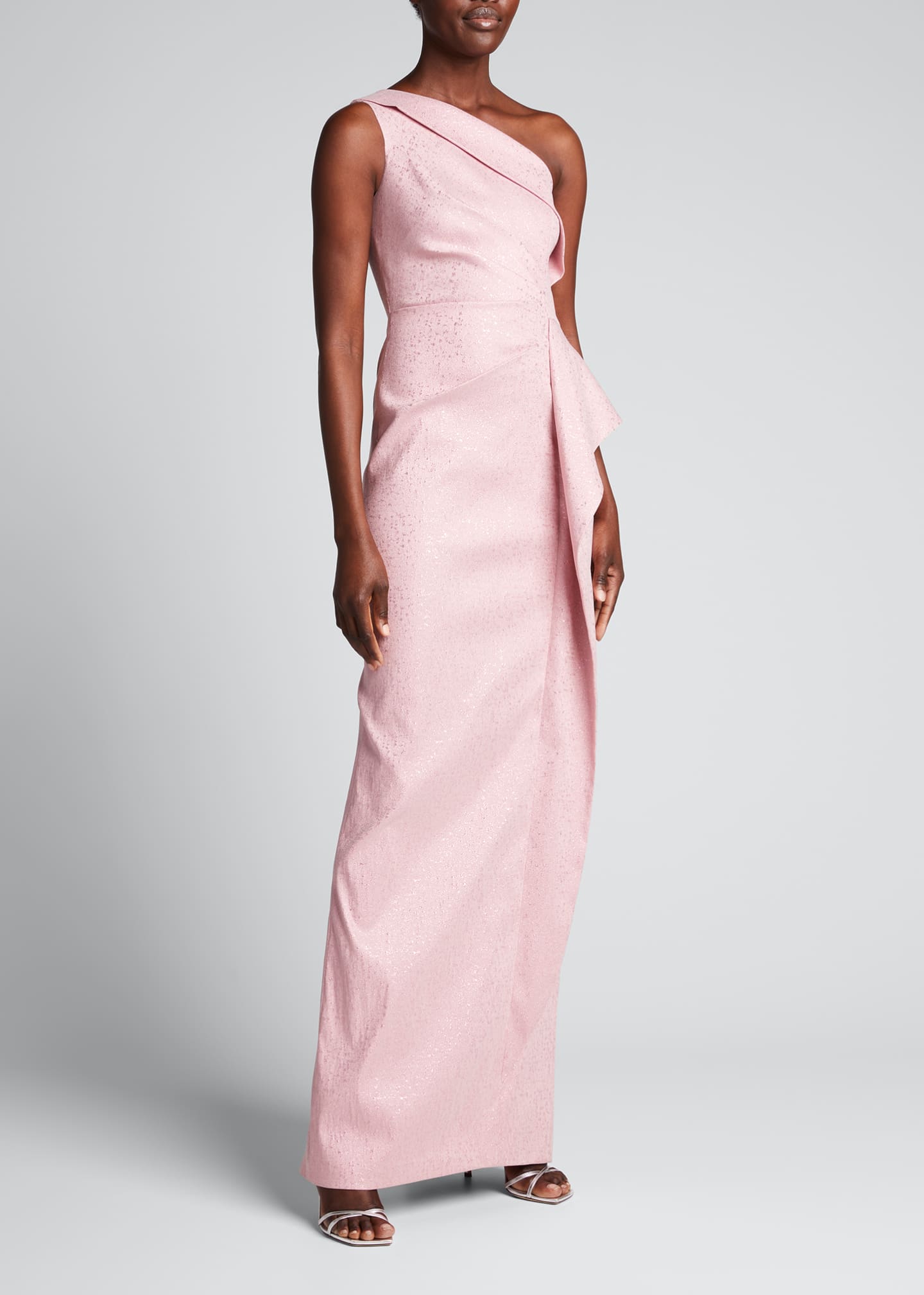 Rickie Freeman for Teri Jon One-Shoulder Metallic Ruffle Gown