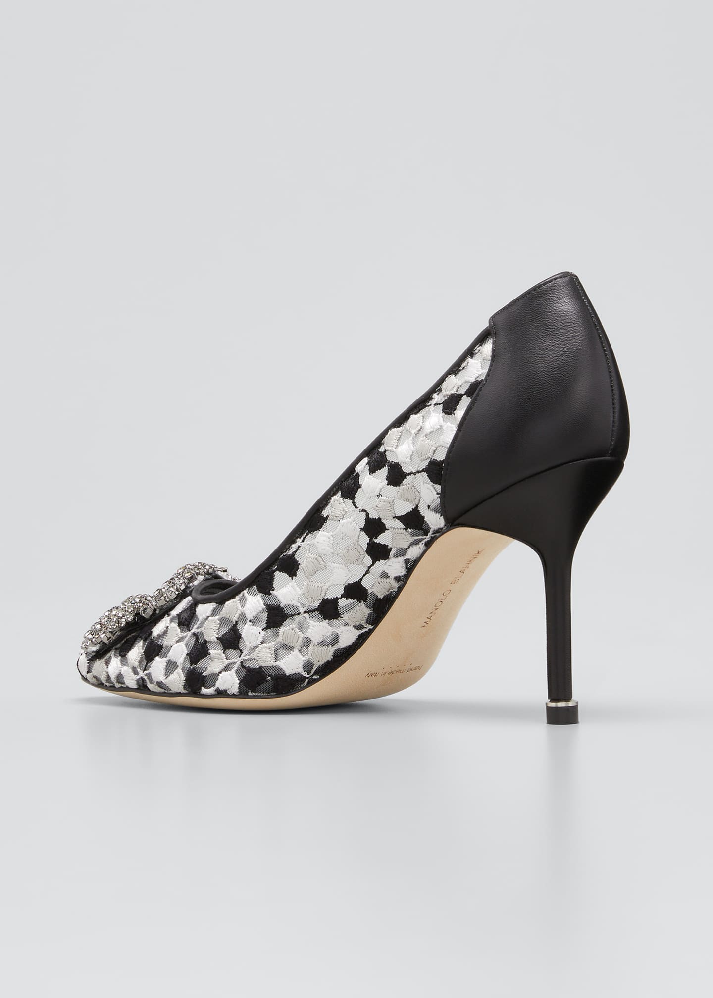 manolo blahnik hangisi 90 embellished lace mesh and satin pumps