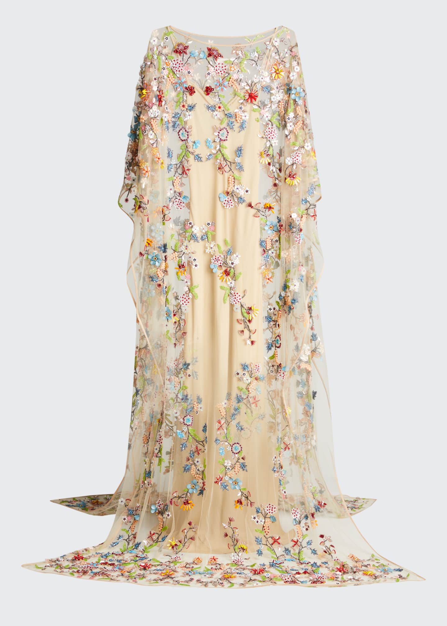 Naeem Khan Multicolored Floral-Beaded Caftan Gown w/ Separate Slip ...