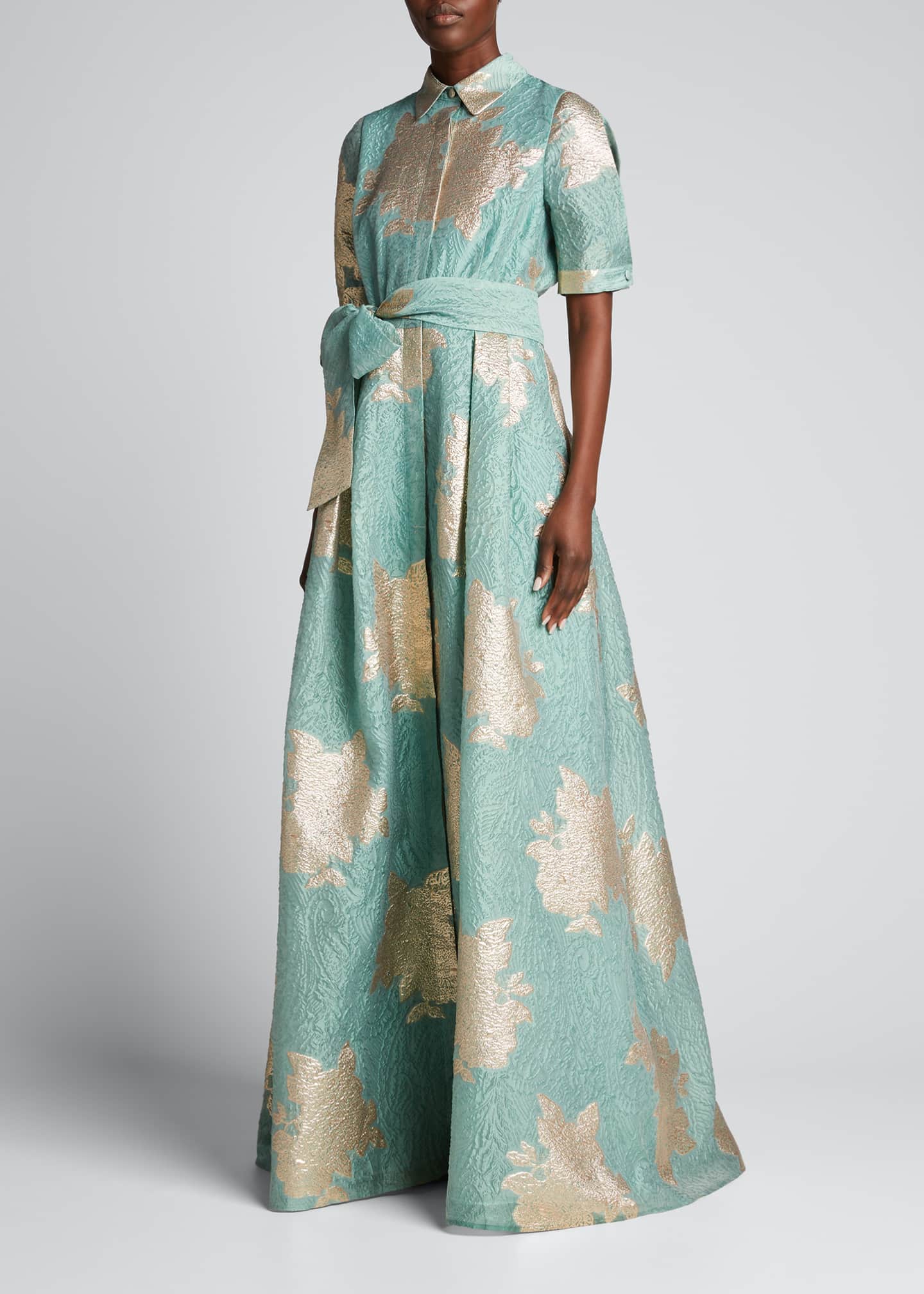 Rickie Freeman for Teri Jon ElbowSleeve Textured Jacquard Shirt Gown
