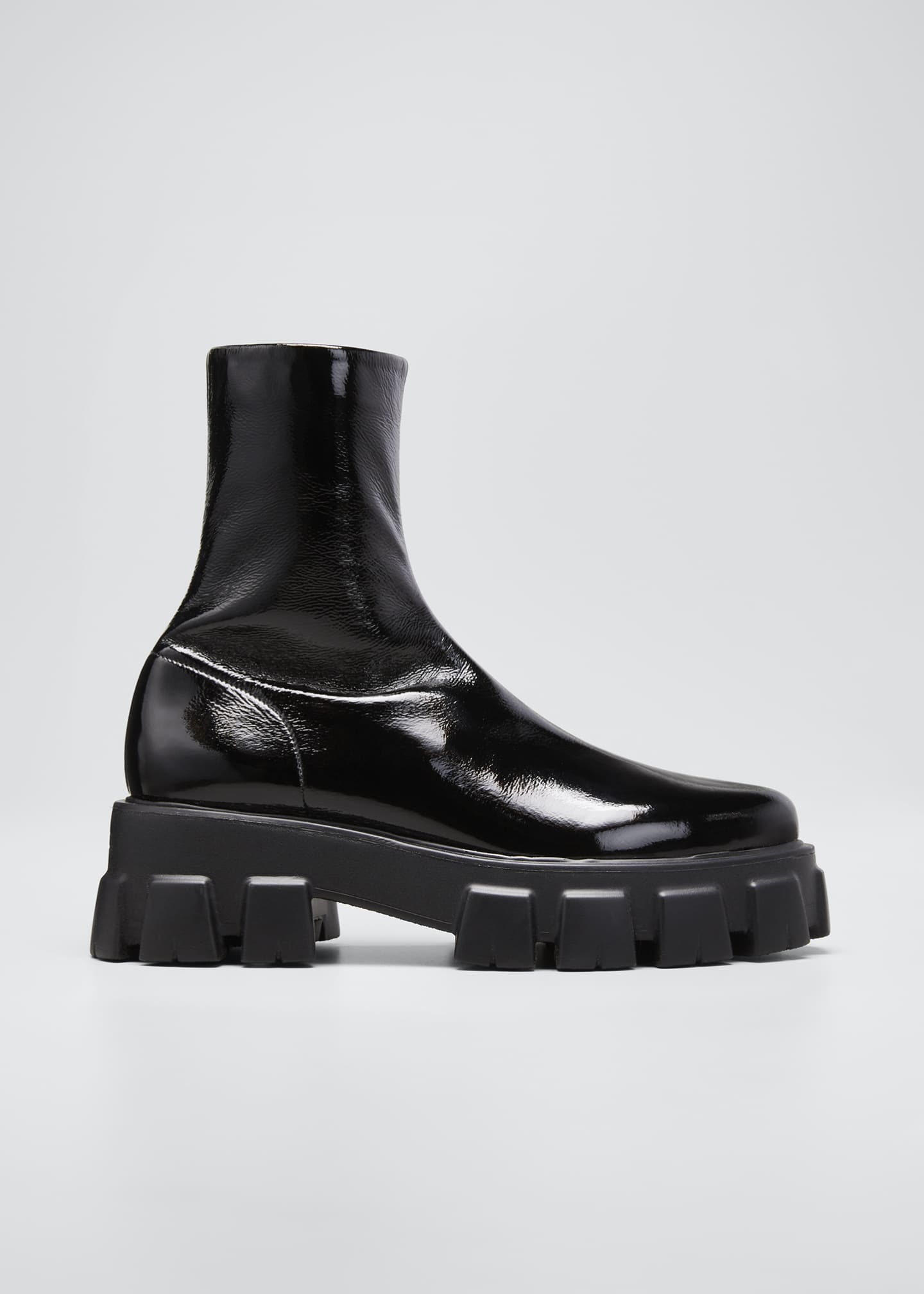 prada monolith patent leather pointed booties