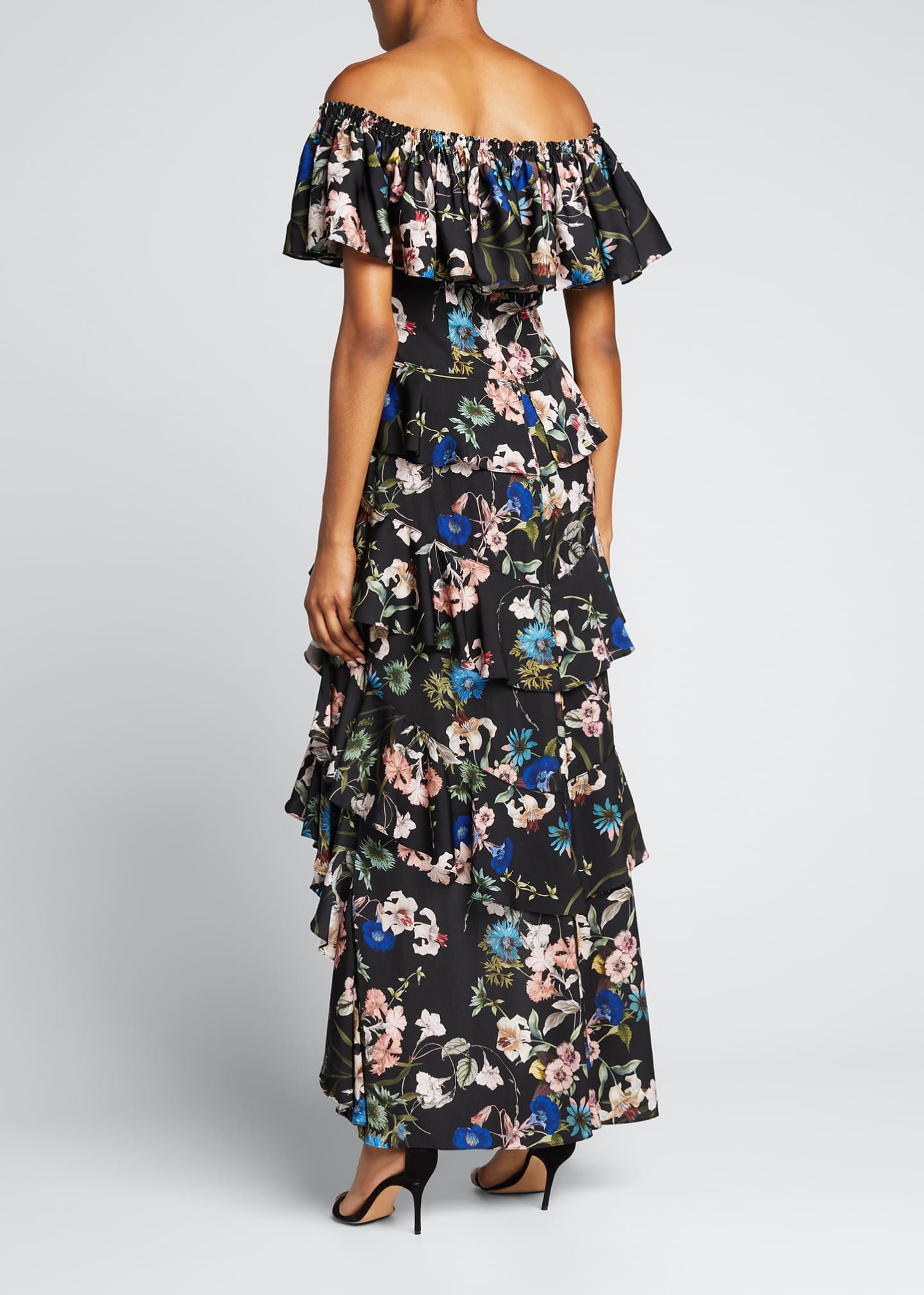 Badgley Mischka Collection Floral Off-Shoulder High-Low Ruffle Dress
