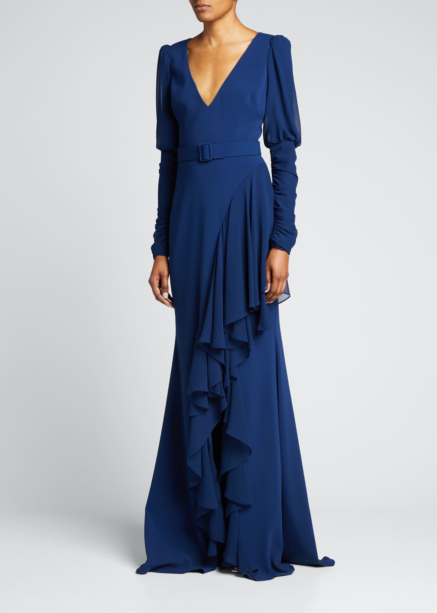 Badgley Mischka Collection V-Neck Crepe & Georgette Ruffle Gown ...