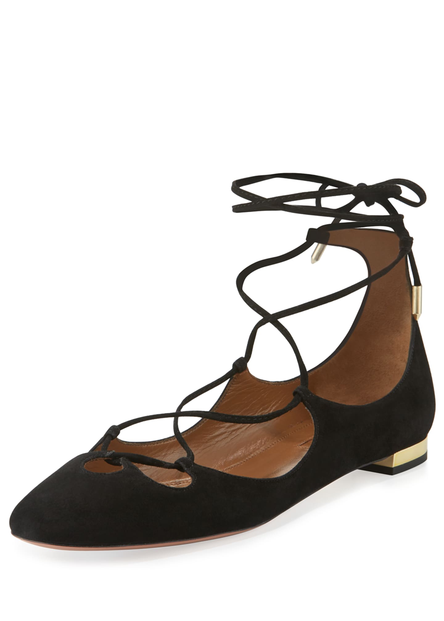 Aquazzura Belgravia Embroidered Suede Lace-Up Flat, Black