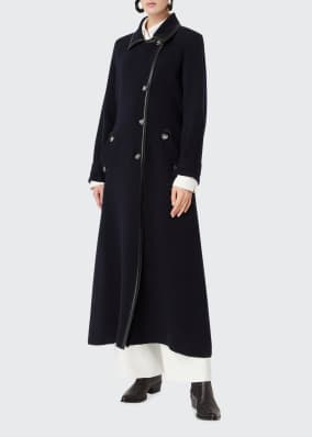 Long Cashmere-Silk Coat w/ Leather Trim