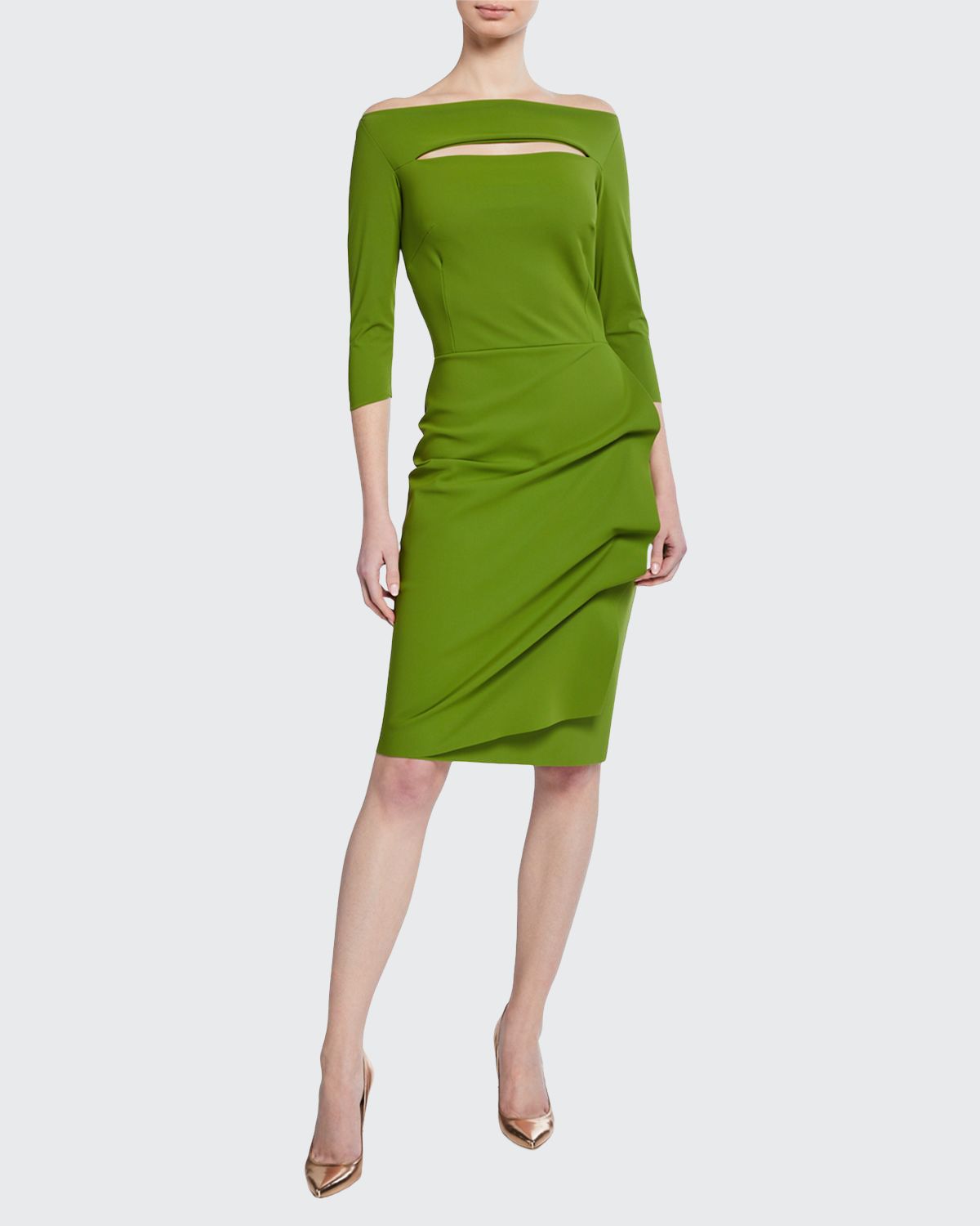 Chiara Boni La Petite Robe Slit-Neck 3/4 Sleeve Ruched Cocktail Dress