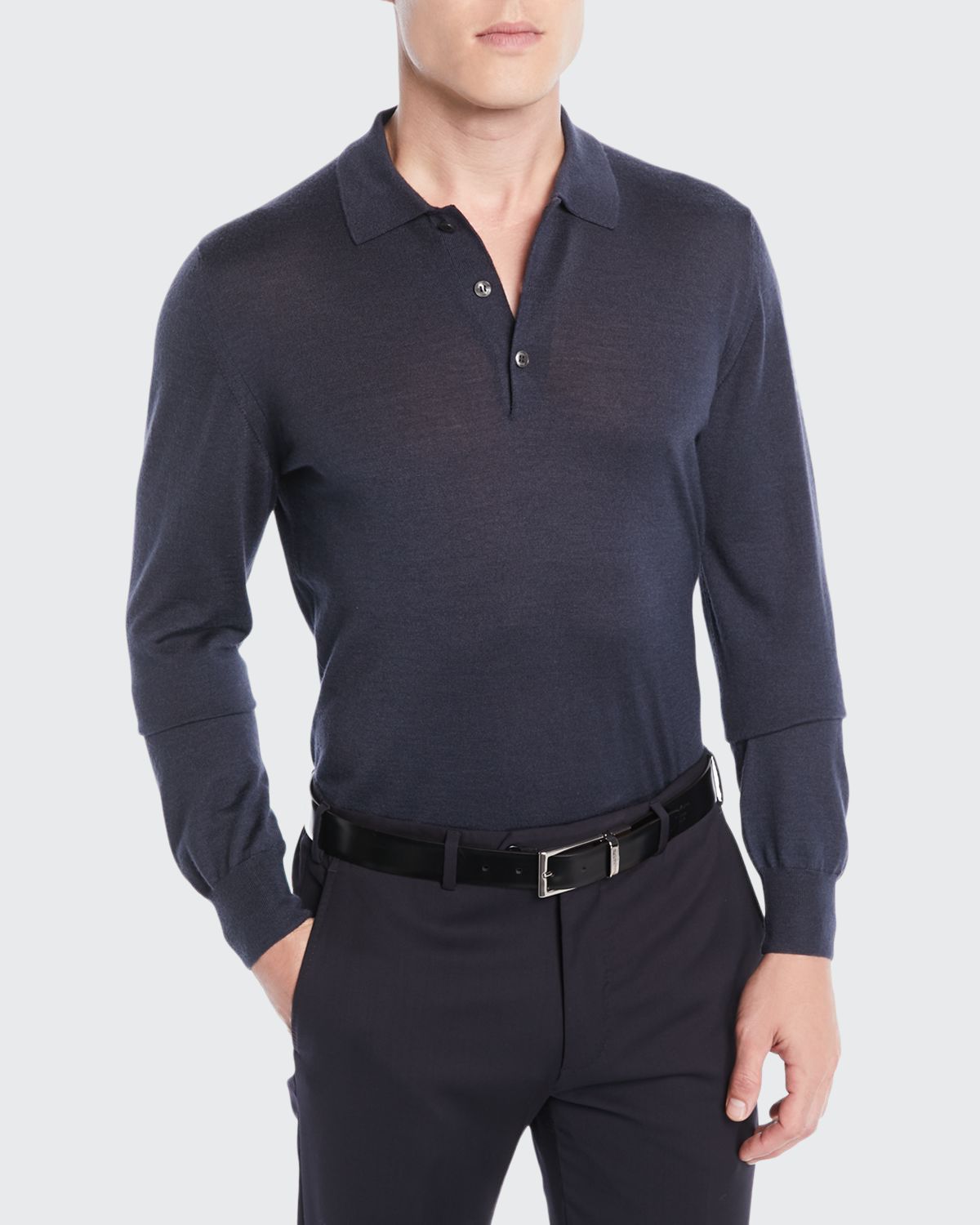 Brioni Men's Wool/Cashmere-Blend Long-Sleeve Polo Sweater