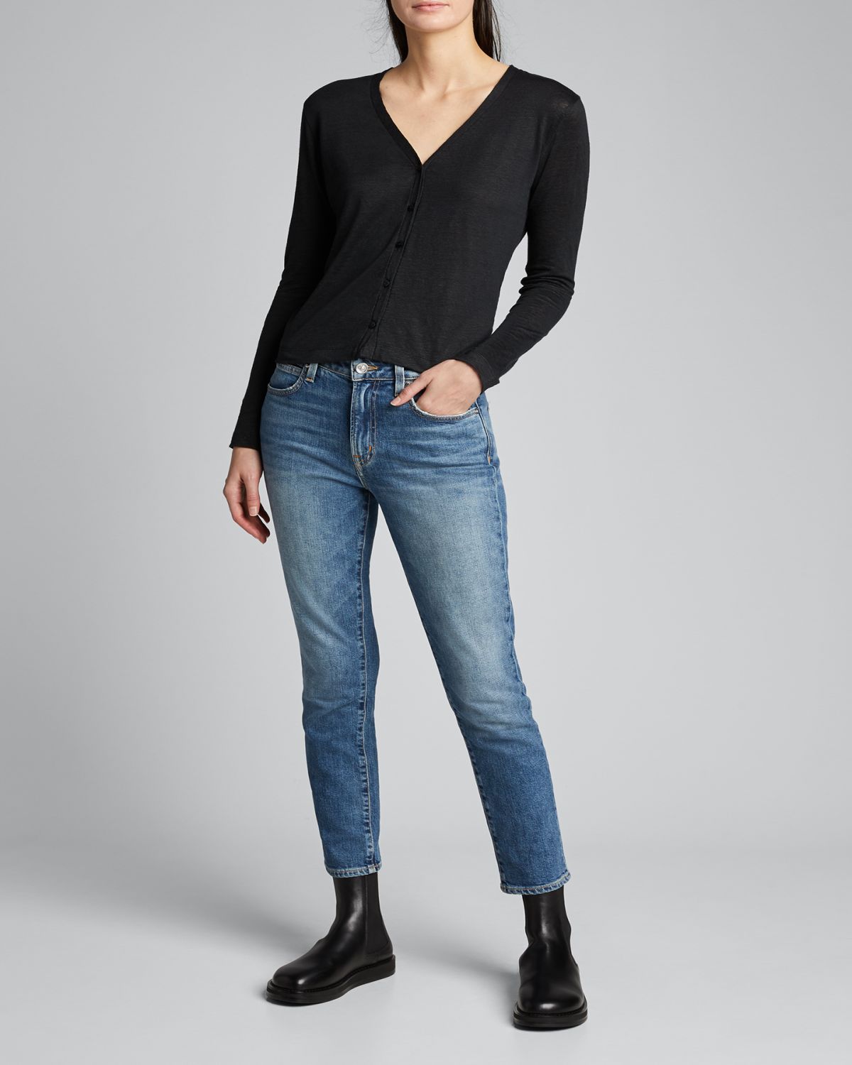 Majestic Filatures V-Neck Button-Down Long-Sleeve Stretch-Linen Cardigan