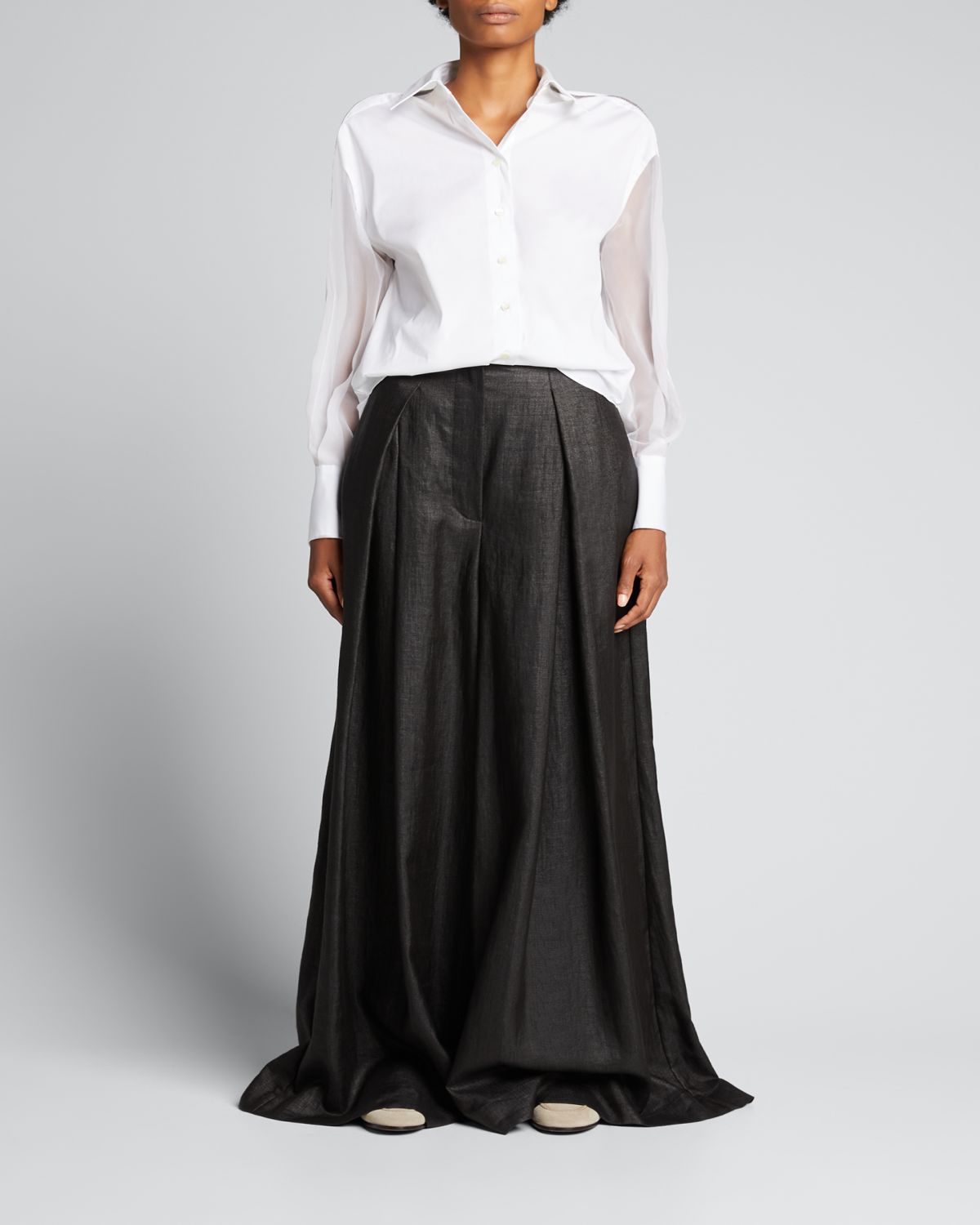 Brunello Cucinelli Mixed-Media Monili Balloon-Sleeve Top