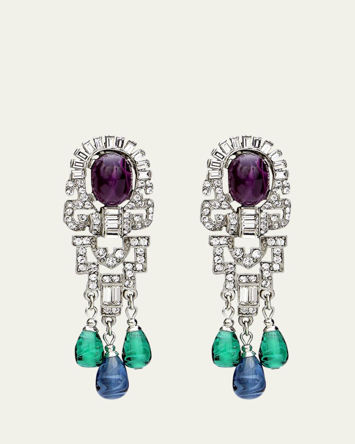 Ben-Amun Silver Crystal Oval Topa and Emerald Sapphire Drop Clip-On Earrings | Thumbnail 3 Ben-Amun Silver Crystal Oval Topa and Emerald Sapphire Drop Clip-On Earrings | Thumbnail 3