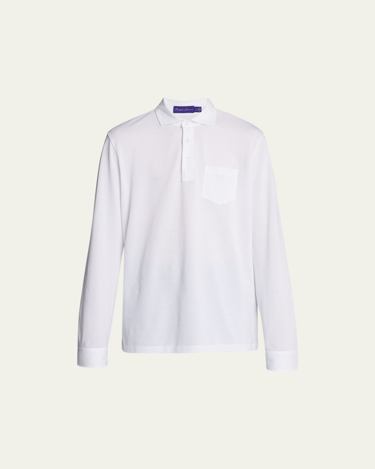 Ralph Lauren Purple Label Men's Washed Long-Sleeve Pocket Polo Shirt, White
