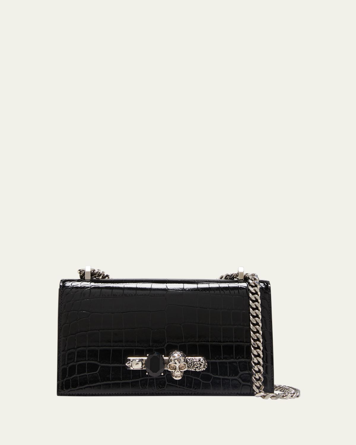 McQueen Shiny Croc-Embossed Jeweled Shoulder Bag