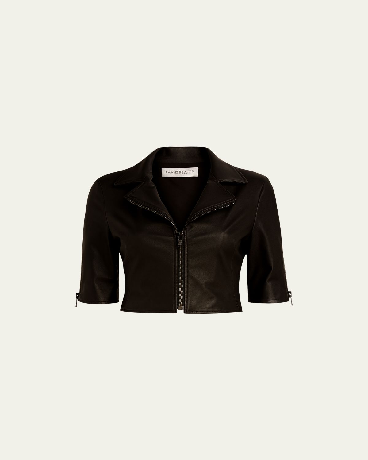 Susan Bender Short-Sleeve Cropped Leather Moto Jacket