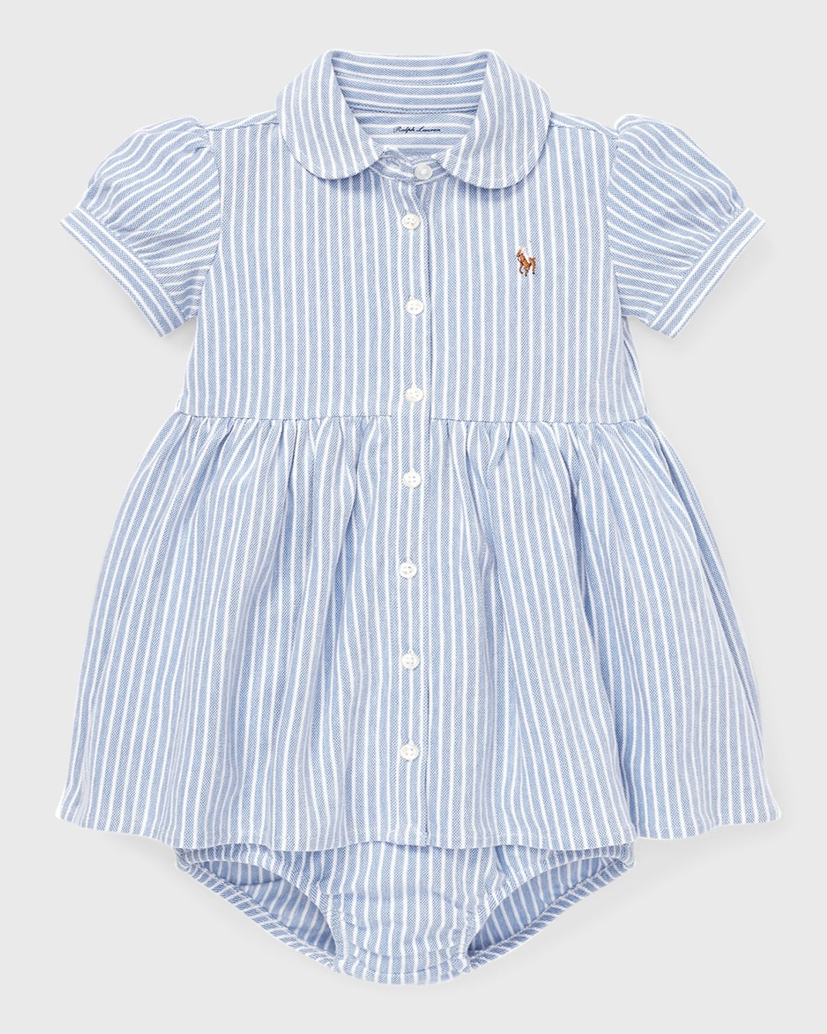 Ralph Lauren Childrenswear Yarn-Dyed Oxford Mesh Stripe Dress w/ Matching Bloomers, Size 3M-24M