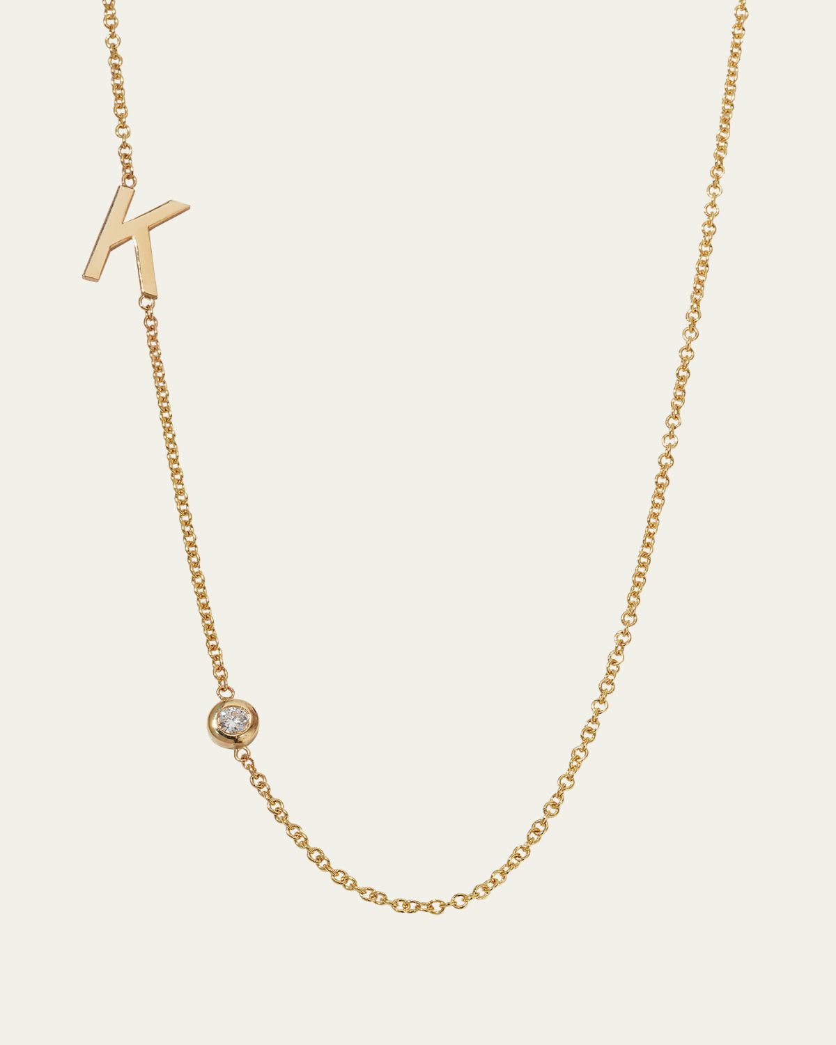 Zoe Lev Jewelry 14 Gold Asymmetrical Initial and Bezel Diamond Necklace, 16-18"L