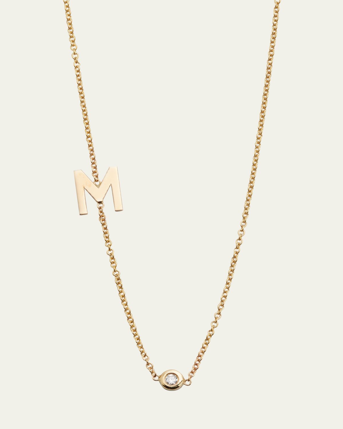 Zoe Lev Jewelry 14k Gold Asymmetrical Initial and Bezel Diamond Necklace