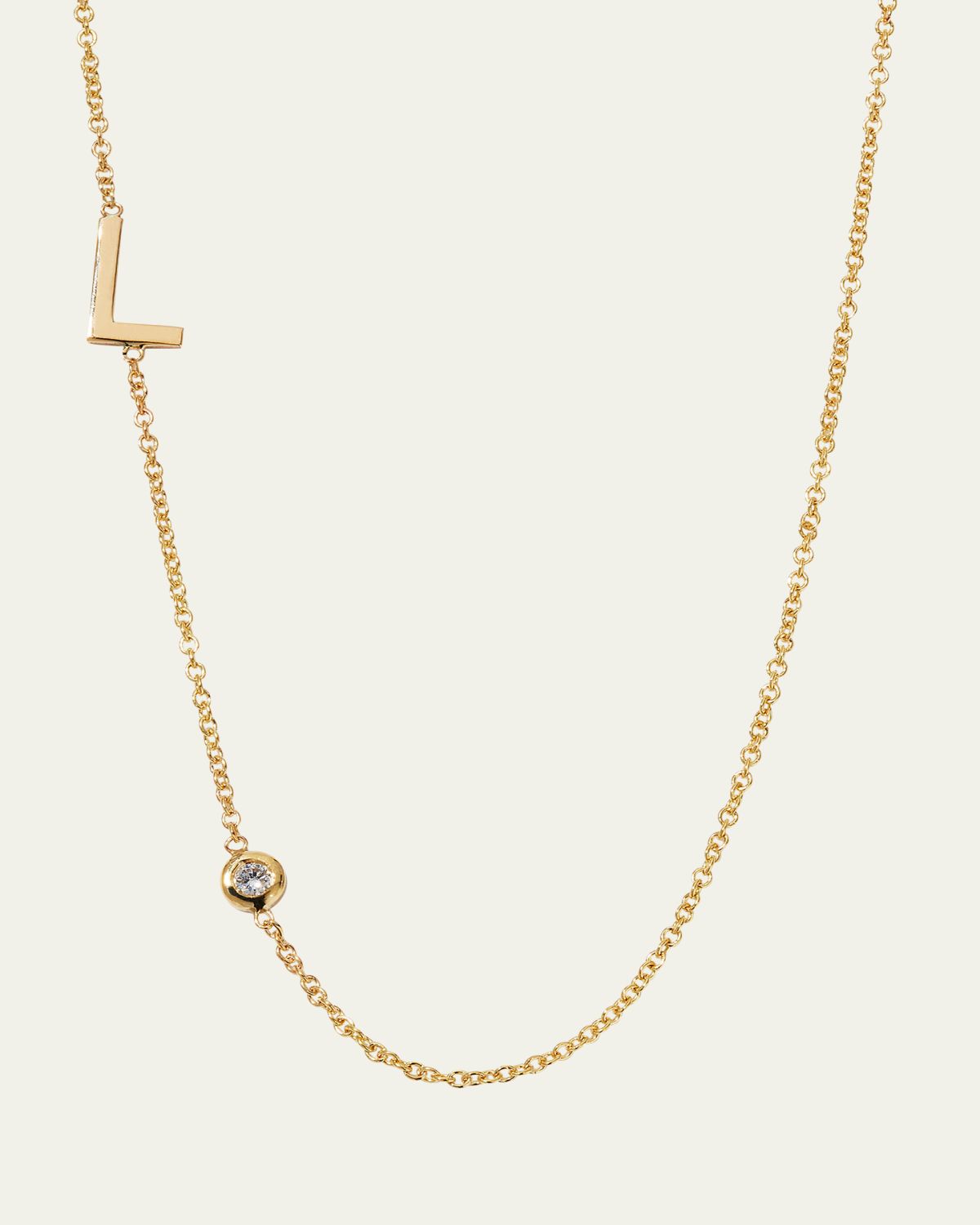 Zoe Lev Jewelry 14K Gold Asymmetrical Initial and Bezel Diamond Necklace, 16-18"