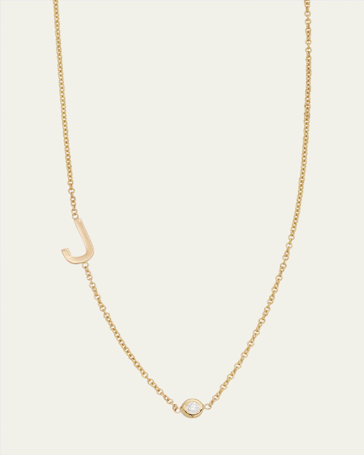 Zoe Lev Jewelry 14k Gold Asymmetrical Initial and Bezel Diamond Necklace