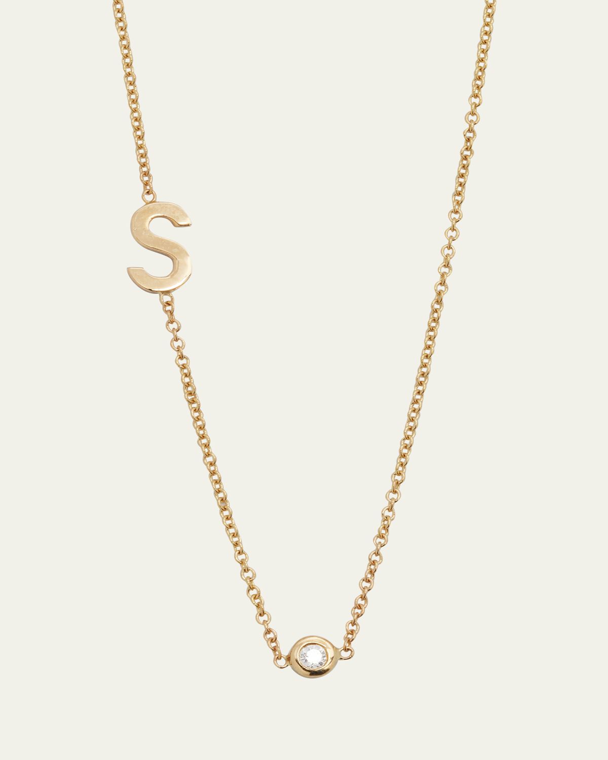 Zoe Lev Jewelry 14k Gold Asymmetrical Initial and Bezel Diamond Necklace
