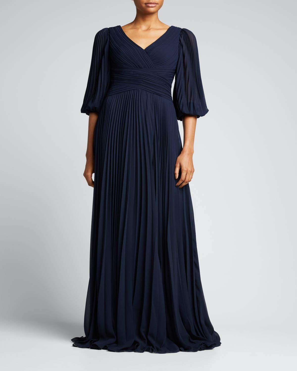 Rickie Freeman for Teri Jon V-Neck Puff-Sleeve Pleated Chiffon Gown