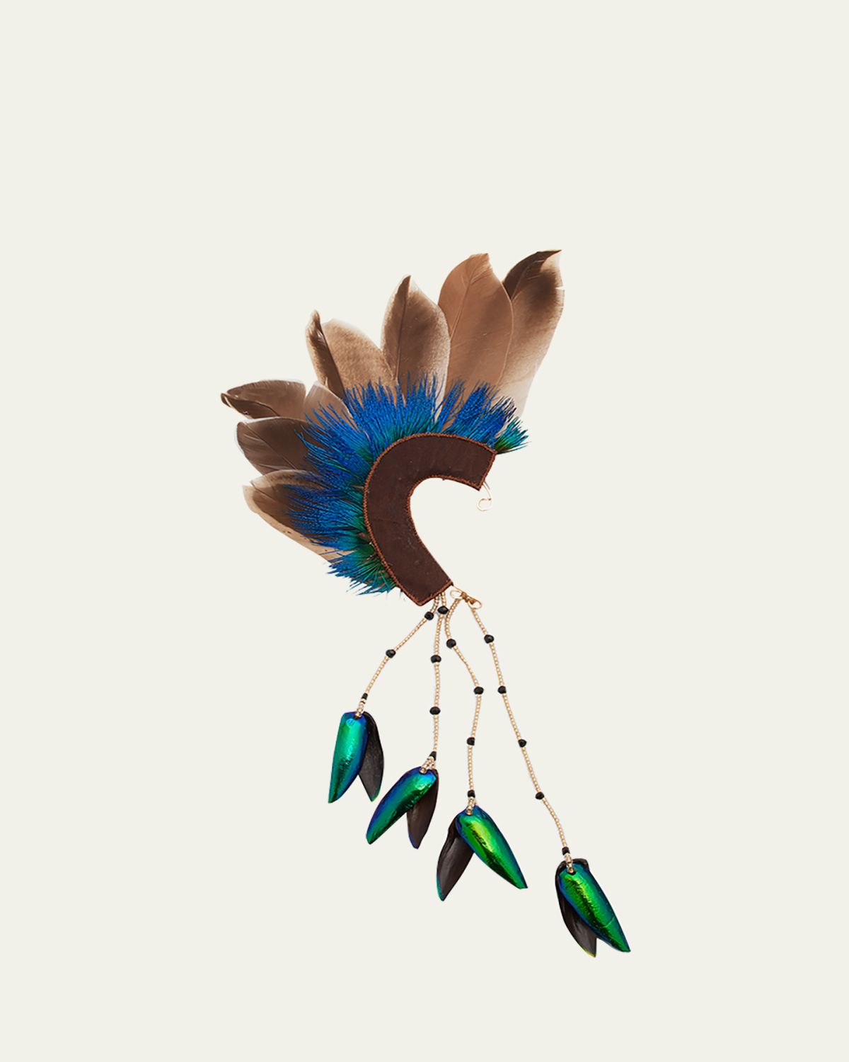 Ranjana Khan Feathered Ear Cuff with Beetle Wing Tassel, Single